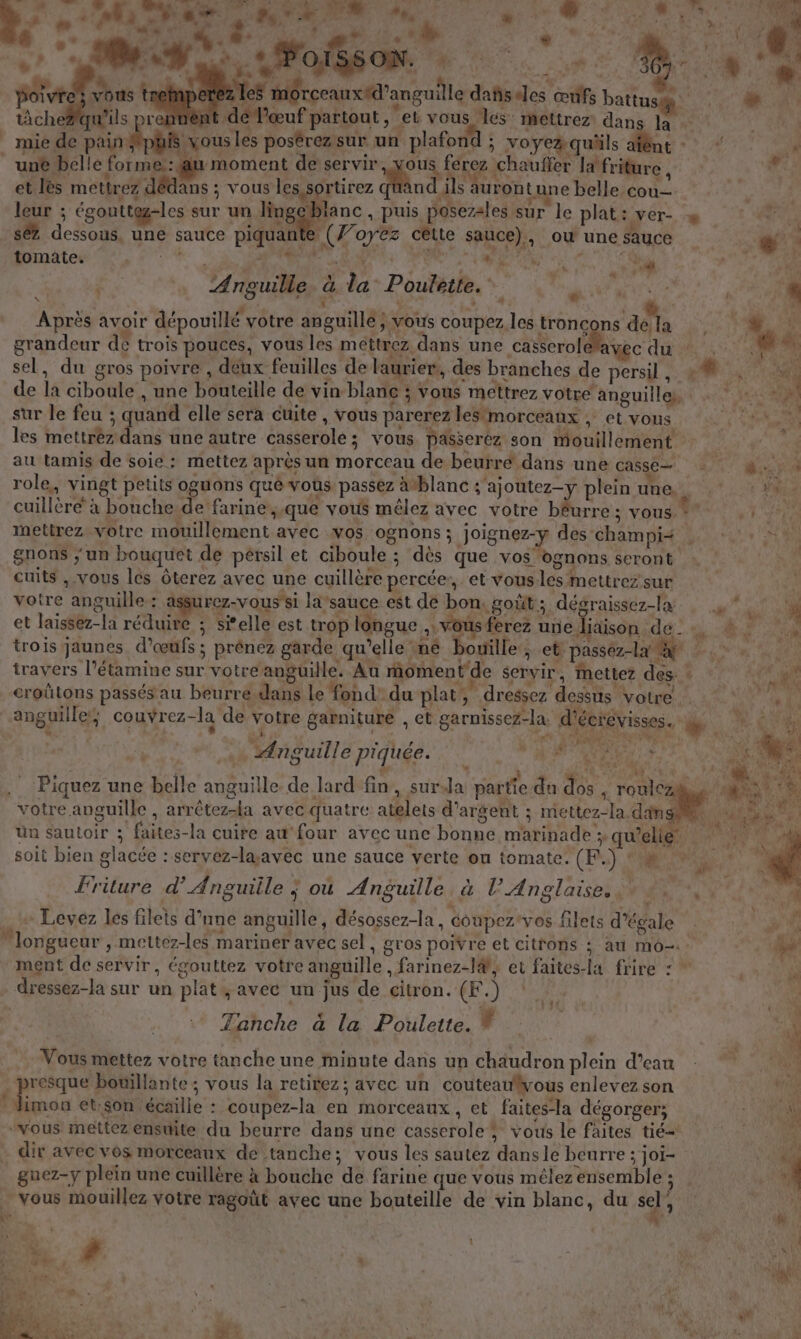 és « 2 LA : POUPEE APS A MES, 4 ne tâchez | mie de pair une belle fo it dé Pœuf partout , et vous les mettrez: dans la: vous les posérezsur un plafond ; voye 2 quils ne - au moment de servir, yous ferez chauffer ldfriture , Le d ils auron tune belle cou rtirez leur ; égouttez-les sur un RC ES . puis posezales sur le plat :Ver- séz dessous, une sauce piquant : (J'oyez cêtte sauce), où une sauce tomate. PU naéd «M * NC. Anguille. à la Poulette. * : k 4 4 F Pr ’ NL y 4 4 * * | 4 s grandeur de trois pouces, vous les méttrez dans une casserolélayec du sel, du gros poivre , deux feuilles de laurier, des branches de persil ,. &amp; de la ciboule , une bouteille de vin blanc ; vous mettrez votre anguilles, sur le feu ; quand elle sera cuite , vous parerez les’morceanx , et vous les mettrez je une autre casserole; vous passerez son mouillement &amp; role, vingt petits ognons qué vous passez ätblanc ;'ajoutez-y plein une. cuillère à bouche.de farine,;.que vous mêlez avec votre béurre ; vous. Ÿ°. mettrez votre mouillement avec vos ognons ; joignez-y des champi&lt; | gnons ;'un bouquet de pérsil et ciboule ; dès que von seront : cuits , vous les Ôterez avec une cuillère percée’, et vousles mettrezsur voire anguille: assurez-vous’si la'sauce est de bon: goût; dégraissez-là 4 et laissez-la réduire ; sielle est trop longue | Vous ferez une liaison de. de trois jaunes d'œufs; prênez garde qu’elle ne bouille, et passez-la | travers l’étamine sur votre anguille. Au moment'de servir, Mettez des: éroûtons passés au beurre dans le fond’ du plat, dressez dessus votre … anguiller; couvrez-la de votre garniture , et garnissez-la. d'écrévisses. # € ! : ‘ PO eu IDE PIN ET dE | . Anguille piquée. M CHRIS 7 | À FO D OS PAUSE Piquez une belle anguille de lard fin, surJa partie du dos , roulCz votre avguille , arrètez-la avec quatre atelets d'argent ; mettez-la dins ün sautoir ; faites-la cuire au four avec une bonne marinade x qu’elie soit bien glacée : servez-læavec une sauce verte ou tomate. (PF). 008 friture d’Anguille ; où Anguille. à l’ Anglaise. - Levez les filets d’une anguille, désossez-la, coupez'vos filets d’égale longueur , mettez-les mariner avec sel gros poivre et citrons ; au m6: ment de servir, égouttez votre anguille , farinez-l&amp;, et faites-la frire : dressez-la sur un plat, avec un jus de citron. (F.) Tanche à la Poulette. Ÿ UT. Vous mettez votre tanche une minute dans un chaudron plein d’eau . presque bouillante ; vous la retirez; avec un couteauivous enlevez son *dimon et:son 'écaille : coupez-la en morceaux, et faites-la dégorger; “vous mettez ensuite du beurre dans une casserole $ vous le faites tié= dir avec vos morceaux de anche; vous les sautez dans le beurre 5 joi- gnez-y plein une cuillère à bouche de farine que vous méêlez ensemble : _ vous mouillez votre ragoüt avec une bouteille de vin blanc, du sel R., … * dé , * LA #4 LRRRS A à ; L À À 0 * d ’ 61 g | % k M. 4 Un 1 ÎL. : LETTRE 21 F4 e.