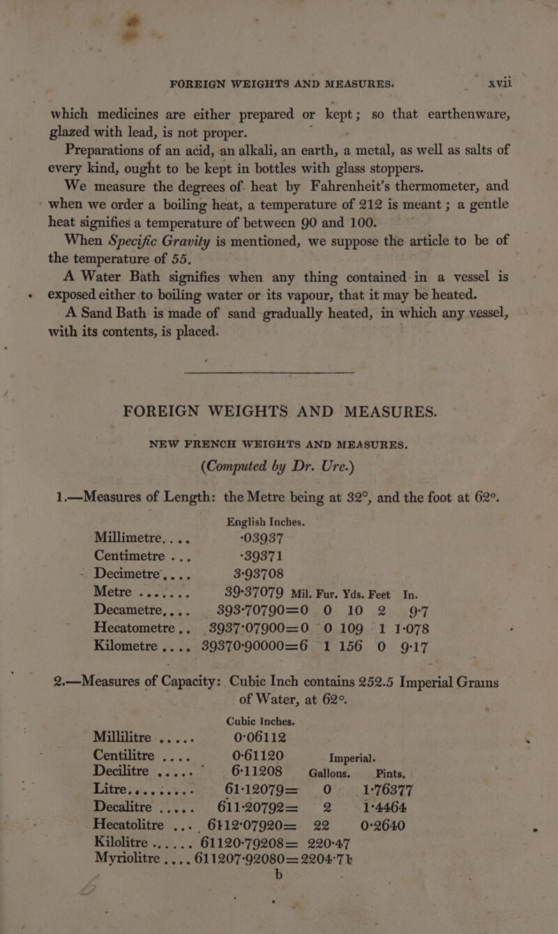 + - FOREIGN WEIGHTS AND MEASURES. ae cs) which medicines are either prepared or kept so that earthenware, glazed with lead, is not proper. Preparations of an acid, an alkali, an earth, a metal, as well as salts of every kind, ought to be kept in bottles with glass stoppers. We measure the degrees of. heat by Fahrenheit’s thermometer, and when we order a boiling heat, a temperature of 212 is meant ; a gentle heat signifies a temperature of between 90 and 100. When Specific Gravity is mentioned, we suppose the article to be of the temperature of 55. A Water Bath signifies when any thing contained in a vessel 1s exposed either to boiling water or its vapour, that it may be heated. A Sand Bath is made of sand gradually heated, in which any vessel, with its contents, is placed. ; FOREIGN WEIGHTS AND MEASURES. NEW FRENCH WEIGHTS AND MEASURES. (Computed by Dr. Ure.) 1.—Measures of Length: the Metre being at 32°, and the foot at 62°. English Inches, Millimetre,... 03937 Centimetre ... -39371 - Decimetre,... 3-93708 Metre ....... 39°37079 Mil. Fur. Yds. Feet In. Decametre.... 393-70790=0 0 10 2 9-7 Hecatometre.. 3937:07900=0 0 109 1 1-078 Kilometre .... 39370:90000=6 1156 O 9-17 2.—Measures of Capacity: Cubic Inch contains 252.5 Imperial Grains of Water, at 62°. Cubic Inches. Millilitre ..... 0:06112 Centilitre .... 0-61120 Imperial. Decilitre ..... ° 6:11208 Gallons. _ Pints, BoAtrO Fah eae 61:12079= 0 1°76377 Decalitre ..... 611:20792= 2 1°4464 -Hecatolitre ... 6412°07920= 22 0°2640 Kilolitre ...... 61120-79208=— 220°4'7 Myriolitre .... 611207-92080= 220471 , b ;