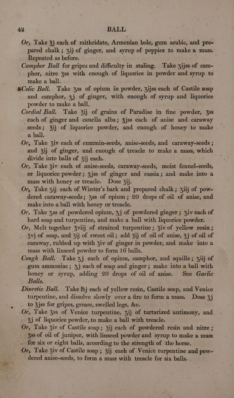 Or, ‘Take 3} each of mithridate, Armenian bole, gum arabic, and pre+ pared chalk ; 41} of ginger, and syrup of poppies to make a mass. Repeated as before. | Camphor Ball for gripes and difficulty in staling. Take 3ijss of cam- phor, nitre 3ss with enough of liquorice in powder and syrup to make a ball. &amp;Colic Ball. Take 3ss of opium in powder, 3ijss each of Castile soap and camphor, 3} of ginger, with enough of syrup and liquorice powder to make a ball. Cordial Ball. Take 3ij of grains of Paradise in fine powder, 3s each of ginger and canella alba; 3jss each of anise and caraway seeds; 3ij of liquorice powder, and enough of honey to make a ball. . Or, Take 3iv each of cummin-seeds, anise-seeds, and caraway-seeds ; aud %ij of ginger, and enough of treacle to make a mass, which divide into balls of 33} each. Or, Take ziv each of anise-seeds, caraway-seeds, moist fennel-seeds, or liquorice powder ; 3jss of ginger and cassia; and make into a mass with honey or treacle. Dose 33). Or, Take 3ij each of Winter's bark and prepared chalk ; 3iij of pow- dered caraway-seeds; 3ss of opium; 20 drops of oil of anise, and make into a ball with honey or treacle. Or, Take 3ss of powdered opium, 3j of powdered ginger ; 3iv each of hard soap and turpentine, and make a ball with liquorice powder. Or, Melt together %viij of strained turpentine; Ziv of yellow resin ; 3vj of soap, and 3ij of sweet oil; add Zij of oil of anise, 3j of oil of caraway, rubbed up with 3iv of ginger in powder, and make into a mass with linseed powder to form 16 balls. Cough Ball. Take 3} each of opium, camphor, and squills ; 3iij of gum ammoniac; 3j each of soap and ginger; make into a ball with honey or syrup, adding 20 drops of oil of anise. See Garlic Bails. Duuretic Ball. Take tbj each of yellow resin, Castile soap, and Venice turpentine, and dissolve slowly over a fire to form a mass. Dose 3} to 3jss for gripes, grease, swelled legs, &amp;c. Or, Take 38s of Venice turpentine, 4ij of tartarized antimony, and 3j of liquorice powder, to make a ball with treacle. Or, Take 3iv of Castile soap; %ij each of powdered resin and nitre ; _ -3ssof oil of juniper, with linseed powder and syrup to make a mass for six or eight balls, according to the strength of the horse. ‘Or, Take 3iv of Castile soap ; 3ij each of Venice turpentine and pow- dered anise-seeds, to form a mass with treacle for six balls. .