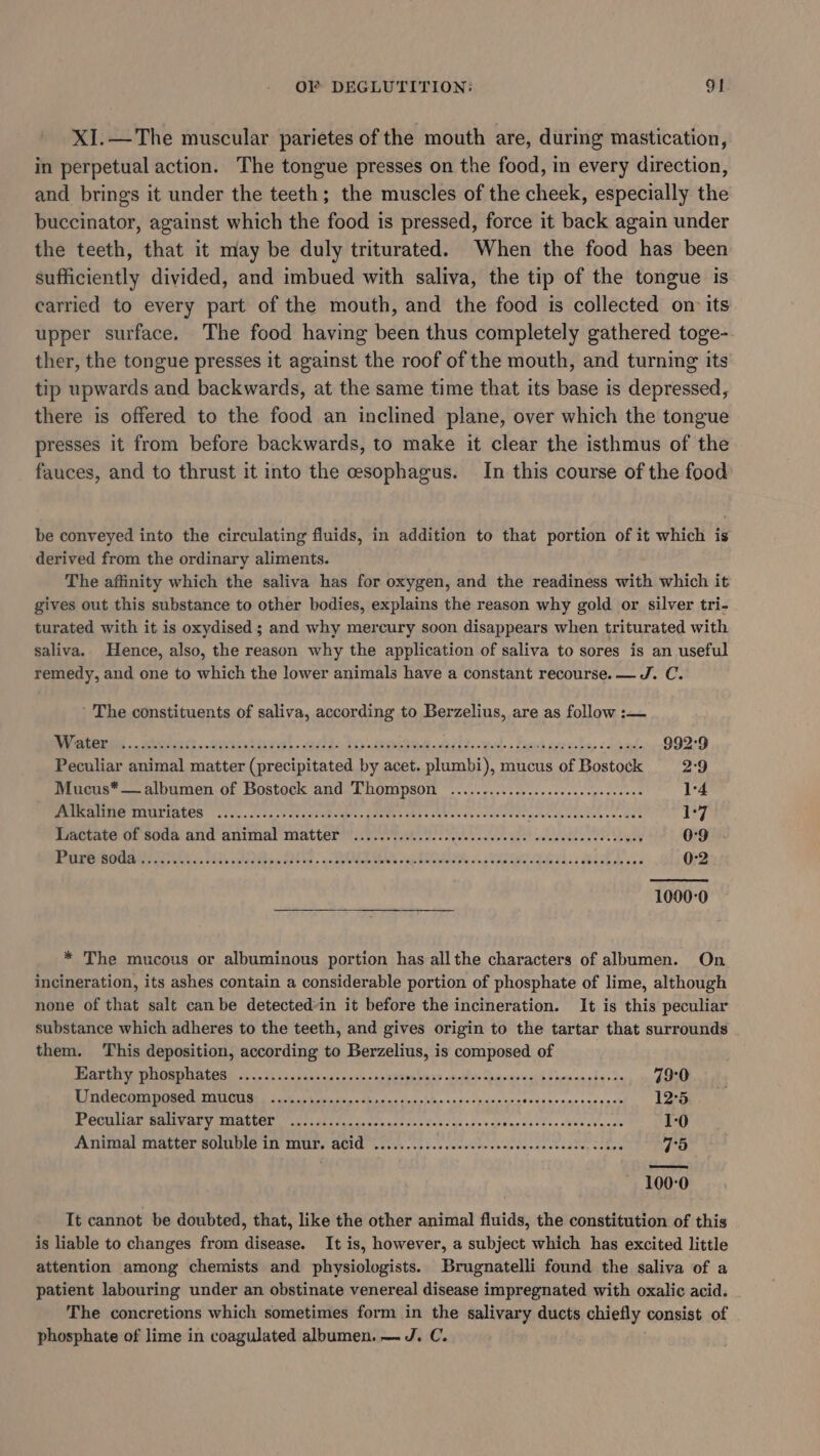 XI.—The muscular parietes of the mouth are, during mastication, in perpetual action. The tongue presses on the food, in every direction, and brings it under the teeth; the muscles of the cheek, especially the buccinator, against which the food is pressed, force it back again under the teeth, that it may be duly triturated. When the food has been sufficiently divided, and imbued with saliva, the tip of the tongue is carried to every part of the mouth, and the food is collected on its upper surface. The food having been thus completely gathered toge- ther, the tongue presses it against the roof of the mouth, and turning its tip upwards and backwards, at the same time that its base is depressed, there is offered to the food an inclined plane, over which the tongue presses it from before backwards, to make it clear the isthmus of the fauces, and to thrust it into the esophagus. In this course of the food be conveyed into the circulating fluids, in addition to that portion of it which is derived from the ordinary aliments. The affinity which the saliva has for oxygen, and the readiness with which it gives out this substance to other bodies, explains the reason why gold or silver tri- turated with it is oxydised; and why mercury soon disappears when triturated with saliva. Hence, also, the reason why the application of saliva to sores is an useful remedy, and one to which the lower animals have a constant recourse. — J. C. ’ The constituents of saliva, according to Berzelius, are as follow :— RRP. Bove Ce ues tt vial. avid. Pe} stone tel 1341 2,&lt;wadl&gt; s Send so es tay «-tdbande 992°9 Peculiar animal matter (precipitated by acet. plumbi), mucus of Bostock 29 Mucus* — albumen of Bostock and Thompson .................cceeceeeeeees 1-4 PRR PIVLEUAEOS LE s5,. 25 5a0 8 Co ul eae LOT ey ots viNon gueomed dae cane Woe ea lees ecees 1-7 doactabe OF soda and animal Matter st Atak. liye eves ule? secs ede ea tse veney 0-9 EPSON Fafa os Ads toni SRE a - se OAS cag Abo tng TAU Madoc Abobo ae 0-2 1000°0 * The mucous or albuminous portion has allthe characters of albumen. On incineration, its ashes contain a considerable portion of phosphate of lime, although none of that salt can be detected*in it before the incineration. It is this peculiar substance which adheres to the teeth, and gives origin to the tartar that surrounds them. This deposition, according to Berzelius, is composed of PURTERS WO DMIUALOS voc. th cin semana cn rcie csxsbye Ward esedisy dadoereaihs senceelye sia 79:0 EI NGCCOM PUSCG TAUCISs 4 ork i tarntenachre astnsy nine ansocpecoces Sraiieesr estas ts 12°5 NNN MEER OCG a ath Fon ty netcins Fen te aie a on hac s 4 lasa Bien vena 1-0 Animal matter soluble in mur. acid ............c.cceeceeceeceeeeeees ey oe 75 100-0 It cannot be doubted, that, like the other animal fluids, the constitution of this is liable to changes from disease. It is, however, a subject which has excited little attention among chemists and physiologists. Brugnatelli found the saliva of a patient labouring under an obstinate venereal disease impregnated with oxalic acid. The concretions which sometimes form in the salivary ducts chiefly consist of phosphate of lime in coagulated albumen. — J. C.