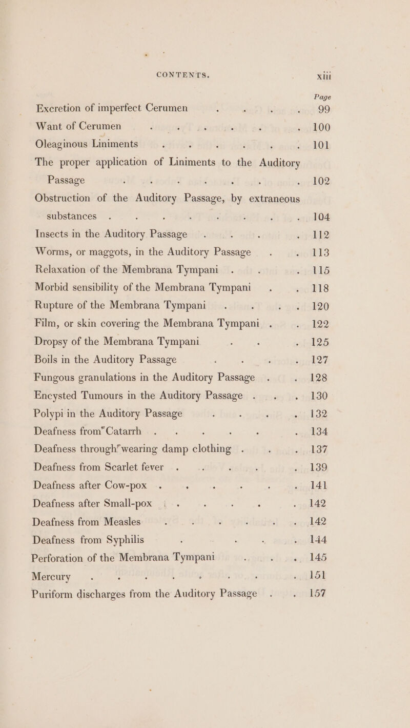Excretion of imperfect Cerumen Want of Cerumen Oleaginous Liniments Passage substances Insects in the Auditory Passage Worms, or maggots, in the Auditory Passage Relaxation of the Membrana Tympani Morbid sensibility of the Membrana Tympani Rupture of the Membrana Tympani Film, or skin covering the Membrana Tympani Dropsy of the Membrana Tympani Boils in the Auditory Passage Fungous granulations in the Auditory Passage Encysted Tumours in the Auditory Passage Polypi in the Auditory Passage Deafness from” Catarrh Deafness through’ wearing damp clothing Deafness from Scarlet fever Deafness after Cow-pox . ; Deafness after Small-pox Deafness from Measles Deafness from Syphilis Perforation of the Membrana Tympani Mercury Puriform discharges from the Auditory Passage Page 99 100 101 102 104 112 113 L15 118 120 122 125 127 128 130 132 134 137 139 141 142 142 144 145 151 157