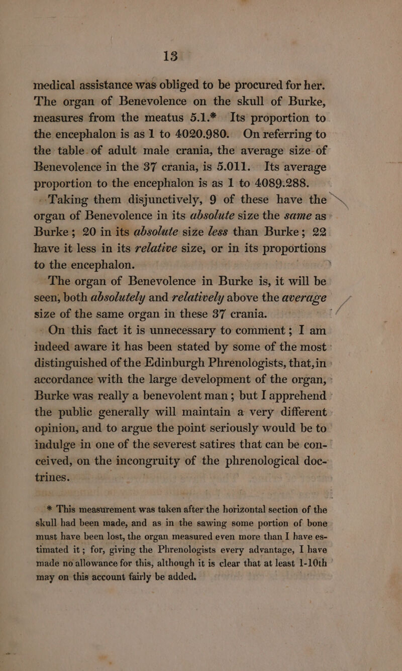 medical assistance was obliged to be procured for her. The organ of Benevolence on the skull of Burke, measures from the meatus 5.1.* Its proportion to the encephalon is as 1 to 4020.980. On referring to the table. of adult male crania, the average size-of Benevolence in the 37 crania, is 5.011. Its average proportion to the encephalon is as 1 to 4089.288. Taking them disjunctively, 9 of these have the &gt; organ of Benevolence in its absolute size the same as» Burke; 20 in its absolute size less than Burke; 22 have it less in its relative size, or in its proportions to the encephalon. ) ‘The organ of Benevolence in Burke is, it will be size of the same organ in these 37 crania. - On ‘this fact it is unnecessary to comment; I am indeed aware it has been stated by some of the most : distinguished of the Edinburgh Phrenologists, that, in accordance with the large development of the organ, » Burke was really a benevolent man; but I apprehend &gt; the public generally will maintain a very different opinion, and to argue the point seriously would be to indulge in one of the severest satires that can be con- ceived, on the sonteies oad of the phrenological doc- trines. -* This measurement was taken after the horizontal section of the skull had been made, and as in the sawing some portion of bone must have been lost, the organ measured even more than I have es- timated it; for, giving the Phrenologists every advantage, I have made no finiewance for this, although it is clear that at least 1- 10th | may on this account fairly be added.