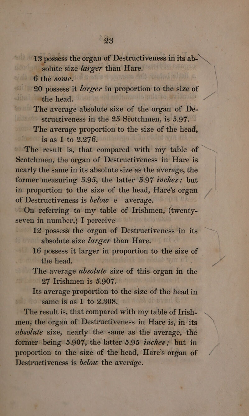 93 13 possess the organ of Destructiveness in its ab- \_ solute size darger than Hare. ) 6 the same. 20 possess it lar. ger in a ih to the size of ‘the head. 4 The average absolute size of the organ of De- - structiveness in the 25 Seotchmen, is 5.97. The average proportion to the size of the head, is as 1 to 2.276. | The result is, that compared with my table of — Scotchmen, the organ of Destructiveness in Hare is nearly the same in its absolute size as the average, the former measuring 5.95, the latter 5.97 inches; but in proportion to the size of the head, Hare’s organ of Destructiveness is below e average. On referring to my table of Irishmen, lGenty: seven in number,) I perceive 12 possess the organ of Destructiveness in its absolute.size larger than Hare. | 16 possess it larger in proportion to the size of | the head. The average absolute size of this organ in the 27 Irishmen is 5.907. Its average proportion to the size of the head in same is as 1 to 2.308. The result is, that compared with my table of Irish- ~ men, the organ of Destructiveness in Hare is, in its absolute size, nearly the same as the average, the former: being 5.907, the latter 5.95 inches ; but in proportion to the size of the head, Hare’s organ of Destructiveness is below the average.