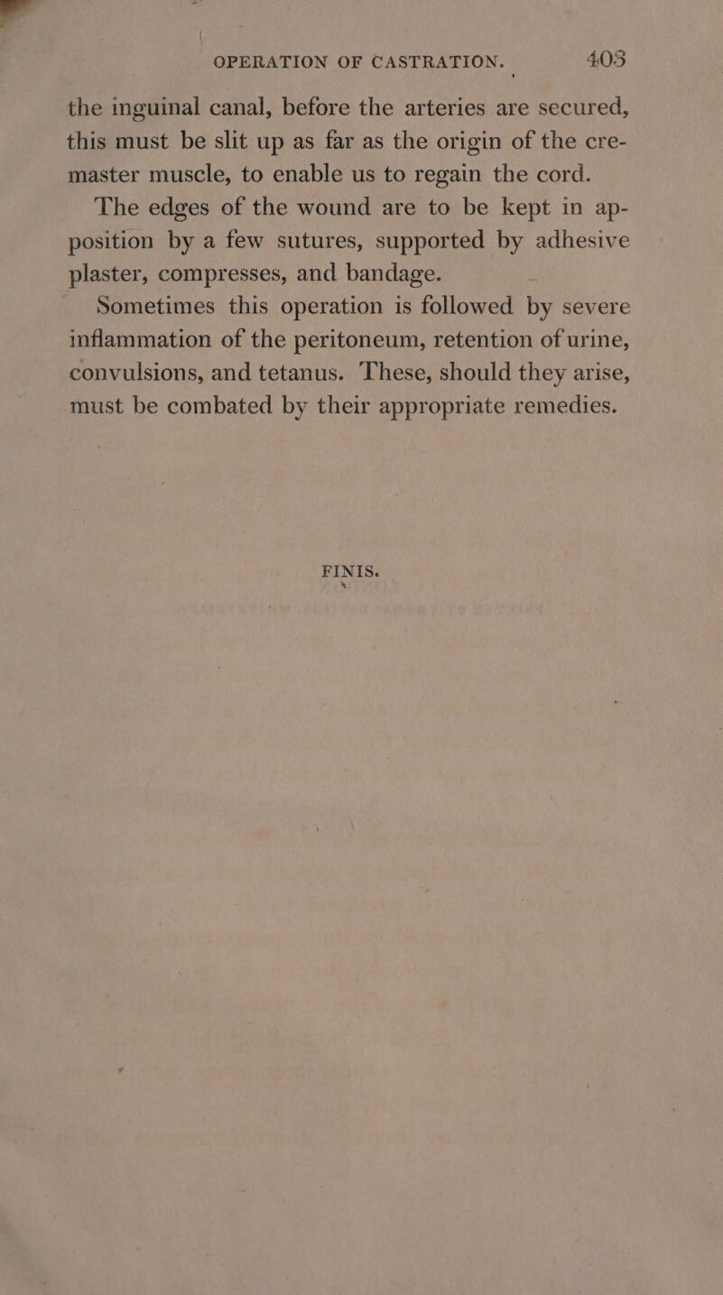 the inguinal canal, before the arteries are secured, this must be slit up as far as the origin of the cre-_ master muscle, to enable us to regain the cord. The edges of the wound are to be kept in ap- position by a few sutures, supported by adhesive plaster, compresses, and bandage. Sometimes this operation is followed by severe inflammation of the peritoneum, retention of urine, convulsions, and tetanus. These, should they arise, must be combated by their appropriate remedies. FINIS. %