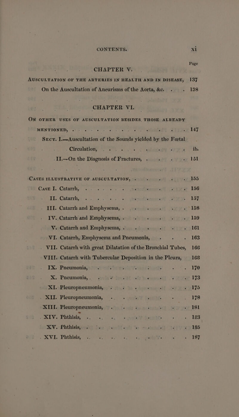 CHAPTER V. AUSCULTATION OF THE ARTERIES IN HEALTH AND IN DISEASE, On the Auscultation of Aneurisms of the Aorta, &c. CHAPTER VI. ON OTHER USES OF AUSCULTATION BESIDES, THOSE ALREADY MENTIONED, | Sect. I.—Auscultation of the Sounds yielded by the Foetal . Circulation, II.—On the Diagnosis of Fractures, ‘CASES ILLUSTRATIVE OF AUSCULTATION, ». Case J. Catarrh, II. Catarrh, III. Catarrh. and Emphysema, . IV. Catarrh and Emphysema, . Y. Catarrh and Emphysema, . ‘ . VI. Catarrh, Emphysema and Pneumonia, . VII. Catarrh with great Dilatation of the Bronchial Tubes, VIII. Catarrh with Tubercular Deposition in the Pleura, IX. Pneumonia, X. Pneumonia,. . . : : : ° XI. Pleuropneumonia, . XII. Pleuropneumonia, XIII. Pleuropneumonia, _ XIV. Phthisis, XV. Phthisis, . XVI. Phthisis, Page 137 138 187