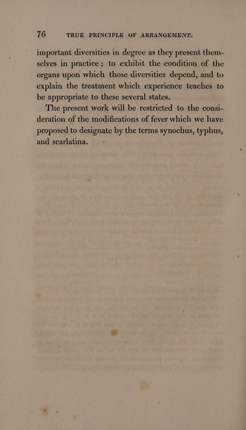 important diversities in degree as they present them- selves in practice; to exhibit the condition of the organs upon which those diversities depend, and to explain the treatment which experience teaches to be appropriate to these several states. The present work will be restricted to the consi- deration of the modifications of fever which we have proposed to designate by the terms synochus, typhus, and scarlatina.