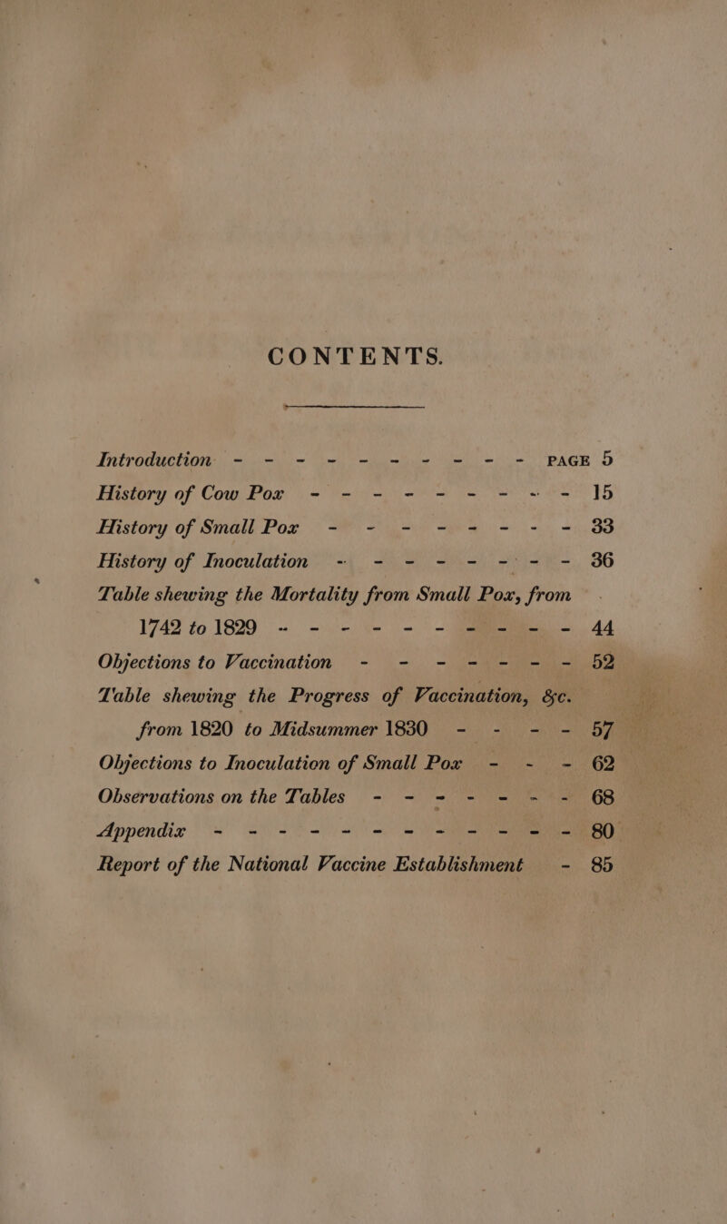 CONTENTS. Introduction - - - - - - - - = = PAGE 5 History of Cow Por - - - - - - = ~ = J5 History of Small Por - - - - - - - - 38 History of Inoculation -| - - - - -'- -. 36 Table shewing the Mortality from Small Pox, from . 1742 to 1829 - - - - - - - - - = 44 Objections to Vaccination - - - - - - - 52 Table shewing the Progress of Vaccination, Gee. from 1820 to Midsummer 1880 - - - - 57 Objections to Inoculation of Small Pox - - - 62 Observations on the Tables - - = - - - - 68 Appendiz - - - - =~ - = = = - = = 80 Report of the National Vaccine Establishment \ 2) on