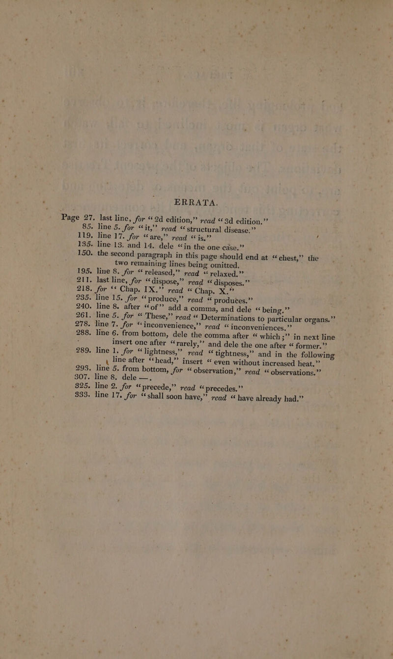 ERRATA. Page 27. last line, Jor “2d edition,” read “3d edition.” 85. line 5. for “it,” read “ structural disease.’ 119, line 17. for “are,” read “is,” 135. line 13. and 14. dele “in the one case.” 150. the second paragraph in this page should end at “chest,” the two remaining lines being omitted. 195. line 8. for “released,” read “relaxed.” 211. last line, for “dispose,” read * disposes.” 218. for ‘* Chap. IX.” read « Chap. X.” 235. line 15. for “produce,” read « produces.” 240. line 8. after “of” add a comma, and dele « being,” 261. line 5. for “ These,” read “ Determinations to particular organs.” 288. line 6. from bottom, dele the comma after « which ;”’ in next line insert one after “rarely,”’ and dele the one after “ former.” 289. line 1. for “lightness,” read &lt;&lt; tightness,” and in the following 4 line after “head,” insert “ even without increased heat.’’ 295. line 5. from bottom, Jor “observation,” read “observations.” 307. line 8. dele —. 325. line 2. for “precede,” read “ precedes, ”’ 333. line 17. for “shall soon have,” read ‘ have already had.” /