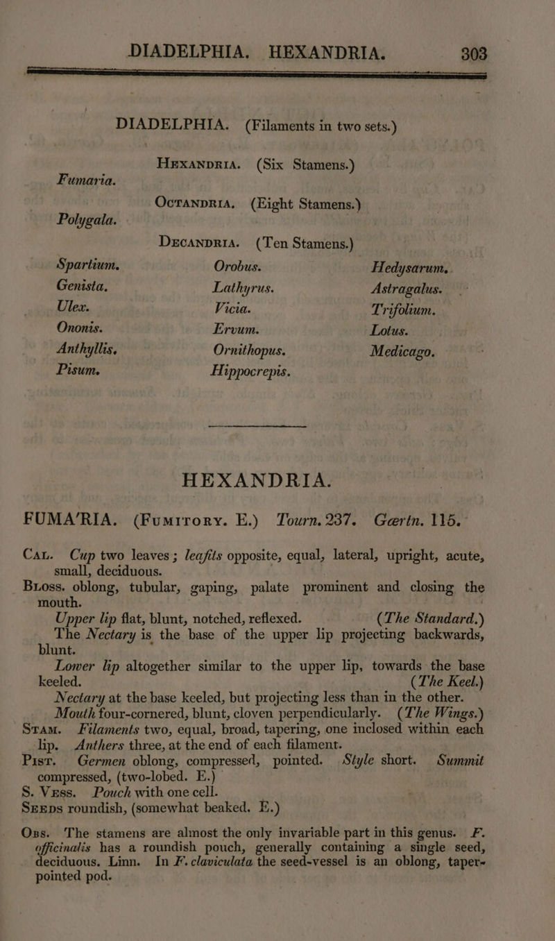 DIADELPHIA. (Filaments in two sets.) HEXANDRIA. (Six Stamens.) Fumaria. Ocranpria. (Eight Stamens.) Polygala. DecanpriA. (Ten Stamens.) Spartium. Orobus. Hedysarum.,. Genista. Lathyrus. Astragalus. Ulex. Vicia. Trifolium. Ononis. Ervum. Lotus. Anthyllis. Ornithopus. Medicago. Pisum. Hippocrepis. HEXANDRIA. FUMA’RIA. (Fumrrory. E.) Tourn. 237. Gerin. 115. Cau. Cup two leaves; leafits opposite, equal, lateral, upright, acute, small, deciduous. _ Bross. oblong, tubular, gaping, palate prominent and closing the mouth. ; Upper lip flat, blunt, notched, reflexed. (The Standard.) The Nectary is the base of the upper lip projecting backwards, blunt. Lower lip altogether similar to the upper lip, towards the base keeled. | (The Keel.) Nectary at the base keeled, but projecting less than in the other. Mouth four-cornered, blunt, cloven perpendicularly. (The Wings.) Stam. Filaments two, equal, broad, tapering, one inclosed within each lip. Anthers three, at the end of each filament. Pisr. Germen oblong, compressed, pointed. Style short. Summit compressed, (two-lobed. E.) S. Vess. Pouch with one cell. SEEDs roundish, (somewhat beaked. E.) Oxss. The stamens are almost the only invariable part in this genus. F. officinalis has a roundish pouch, generally containing a single seed, deciduous. Linn. In F. claviculata the seed-vessel is an oblong, taper~ pointed pod.