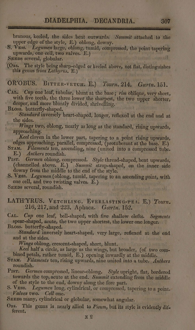 A SSS SSeS ease sneneaenenararencayernanareranenaeeeeeteeteet branous, keeled, the sides bent outwards: Summit attached to the upper edge of the style, E.) oblong, downy. a ‘S. Vuss. Leguimen large, oblong; tumid, compressed, the point tapering upwards, one cell, two valves. Ei.) : . nen SEEDs several, globular. , , (Oss. The style being sharp-edged or keeled above, not flat, distinguishes this genus from Lathyrus, FE.) de gl OR’OBUS. Birrer-vercu, E.) Tourn, 214, Garin. 151. ‘Can. Cup one leaf, tubular; blunt at the base: rim oblique, very short, with five teeth, the three lower the sharpest, the two upper shorter, ‘ “ deeper, and more bluntly divided, shrivelling.: _Bxoss. butterfly-shaped, % -'- “Standard inversely heart-shaped, longer, reflexed at the end and. at the sides... y7/0 | _ Wings two, oblong, nearly as long as the standard, rising upwards, - approaching. ~ Readius Se ! _ Keel cloyen in the lower part, tapering to a point rising upwards, edges approaching, parallel, compressed, (protuberant at the base. E.) Stam. Filaments ten, ascending, nine (united into a compressed. tube. E.) | Anthers roundish. | oe Pist. Germen oblong, compressed. Style thread-shaped, bent upwards, (channelled. above. E.) Summit strap-shaped, on the inner. side downy from the middle to the end of the style. S. Vzss. Legumen (oblong, tumid, tapering to an ascending point, with one cell, and two twisting valves. E SEEDs several, roundish. LATH’YRUS. Vercuiinc. EveruAstinc-PEA. E.) Tourn. 216, 217, and 223. Aphaca. Gertn. 152. Cau. Cup one leaf, bell-shaped, with five shallow clefts. Segments spear-shaped, acute, the two upper shortest, the lower one longer. Buoss. butterfly-shaped. | | Standard inversely heart-shaped, very large, reflexed at the end _ and at the sides. ; . Wings oblong, crescent-shaped, short, blunt. Keel half a circle, as large as the wings, but broader, (of two com~ bined petals, rather tumid, E.) opening inwardly at the middle. Stam. Filaments ten, rising upwards, nine united into a tube. Anthers roundish. Pisr. Germen compressed, linear-oblong. Style upright, flat, bordered towards the top, acute at the end. Summit extending from the middle of the style to the end, downy along the fore part. S. Vess. Legumen long, cylindrical, or compressed, tapering toa point. - Valves two. Cell one. SEEDs many, cylindrical or globular, somewhat angular. es This genus is nearly allied to Pisum, but its style is evidently dif- erent, X2