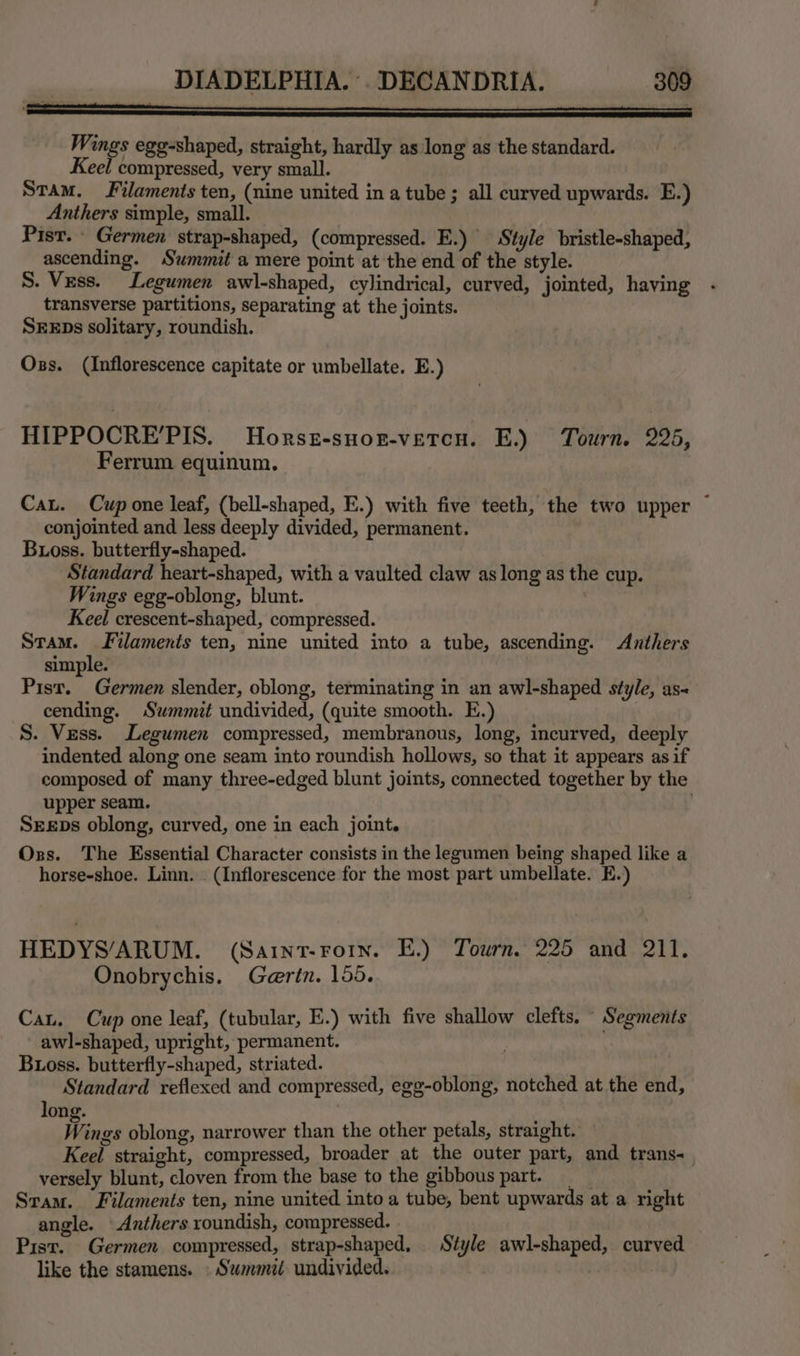 a ee ————E——eee——e Wings egg-shaped, straight, hardly as long as the standard. Keel compressed, very small. Stam. Filaments ten, (nine united in a tube ; all curved upwards. E.) Anthers simple, small. Pist. Germen strap-shaped, (compressed. E.) Style _bristle-shaped, ascending. Summit a mere point at the end of the style. S. Vess. Legumen awl-shaped, cylindrical, curved, jointed, having transverse partitions, separating at the joints. SEEDs solitary, roundish. Oxs. (Inflorescence capitate or umbellate. E.) HIPPOCRE'PIS. Horse-suor-vetcu. E.) Tourn. 225, Ferrum equinum. Cau. Cup one leaf, (bell-shaped, E.) with five teeth, the two upper ~ conjointed and less deeply divided, permanent. Buoss. butterfly-shaped. Standard heart-shaped, with a vaulted claw as long as the cup. Wings egg-oblong, blunt. Keel crescent-shaped, compressed. STAM. j Filaments ten, nine united into a tube, ascending. Anthers simple. Pist. Germen slender, oblong, terminating in an awl-shaped style, as cending. Summit undivided, (quite smooth. E.) . S. Vess. Legumen compressed, membranous, long, incurved, deeply indented along one seam into roundish hollows, so that it appears as if composed of many three-edged blunt joints, connected together by the upper seam. . SEEDs oblong, curved, one in each joint. Oxs. The Essential Character consists in the legumen being shaped like a horse-shoe. Linn. (Inflorescence for the most part umbellate. E.) HEDYS/ARUM. (Saint-rotn. E.) Tourn. 225 and 211. Onobrychis. Gertn. 155. Cau. Cup one leaf, (tubular, E.) with five shallow clefts. © Segments awl-shaped, upright, permanent. Buoss. butterfly-shaped, striated. Standard reflexed and compressed, egg-oblong, notched at the end, long. Hire oblong, narrower than the other petals, straight. Keel straight, compressed, broader at the outer part, and trans versely blunt, cloven from the base to the gibbous part. Sram. Filaments ten, nine united into a tube, bent upwards at a right angle. © Anthers roundish, compressed. Pist. Germen compressed, strap-shaped, Style awl-shaped, curved like the stamens. . Summit undivided.