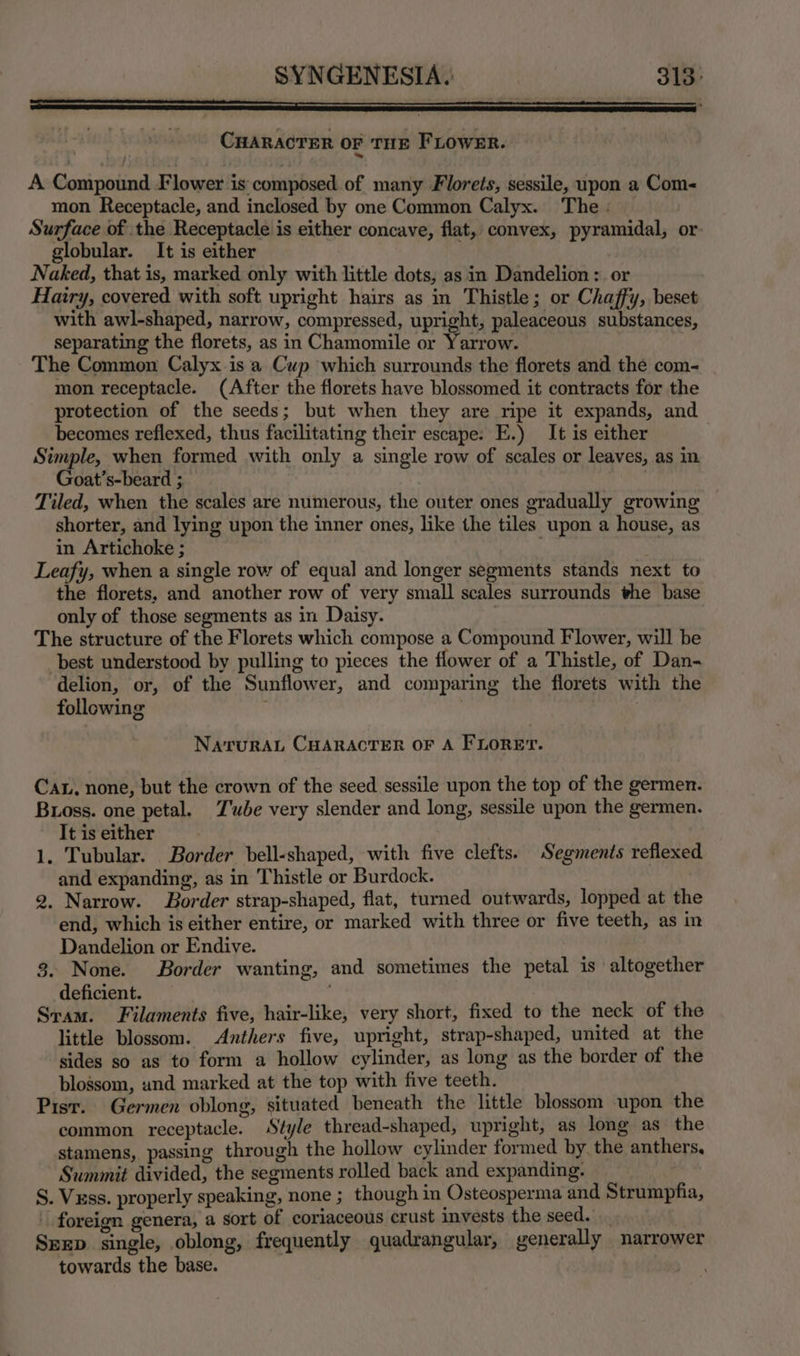 CHARACTER OF THE FLower. A Compound Flower is composed of many Florets, sessile, upon a Com- mon Receptacle, and inclosed by one Common Calyx. The : Surface of the Receptacle is either concave, flat, convex, pyramidal, or globular. It is either Naked, that is, marked only with little dots, as in Dandelion: or Hairy, covered with soft upright hairs as in Thistle; or Chaffy, beset with awl-shaped, narrow, compressed, upright, paleaceous substances, separating the florets, as in Chamomile or Yarrow. . The Common Calyx is a Cup which surrounds the florets and the com- mon receptacle. (After the florets have blossomed it contracts for the protection of the seeds; but when they are ripe it expands, and becomes reflexed, thus facilitating their escape: E.) It is either Simple, when formed with only a single row of scales or leaves, as in Goat’s-beard ; Tiled, when the scales are numerous, the outer ones gradually growing shorter, and lying upon the inner ones, like the tiles upon a house, as in Artichoke ; Leafy, when a single row of equal and longer segments stands next to the florets, and another row of very small scales surrounds the base only of those segments as in Daisy. The structure of the Florets which compose a Compound Flower, will be best understood by pulling to pieces the flower of a Thistle, of Dan- delion, or, of the Sunflower, and comparing the florets with the following : NATURAL CHARACTER OF A FLORET. Cat, none, but the crown of the seed sessile upon the top of the germen. Buoss. one petal. Zwube very slender and long, sessile upon the germen. It is either | 1. Tubular. Border bell-shaped, with five clefts. Segments reflexed and expanding, as in Thistle or Burdock. 2. Narrow. Border strap-shaped, flat, turned outwards, lopped at the end, which is either entire, or marked with three or five teeth, as in Dandelion or Endive. 3. None. Border wanting, and sometimes the petal is altogether deficient. | Sram. Filaments five, hair-like, very short, fixed to the neck of the little blossom. Anthers five, upright, strap-shaped, united at the sides so as to form a hollow cylinder, as long as the border of the blossom, und marked at the top with five teeth. Pisr. Germen oblong, situated beneath the little blossom upon the common receptacle. Style thread-shaped, upright, as long as the stamens, passing through the hollow cylinder formed by. the anthers, Summit divided, the segments rolled back and expanding. S. Vzss. properly speaking, none ; though in Osteosperma and Strumpfia, foreign genera, a sort of coriaceous crust invests the seed. _ Srxp single, oblong, frequently quadrangular, generally narrower towards the base.
