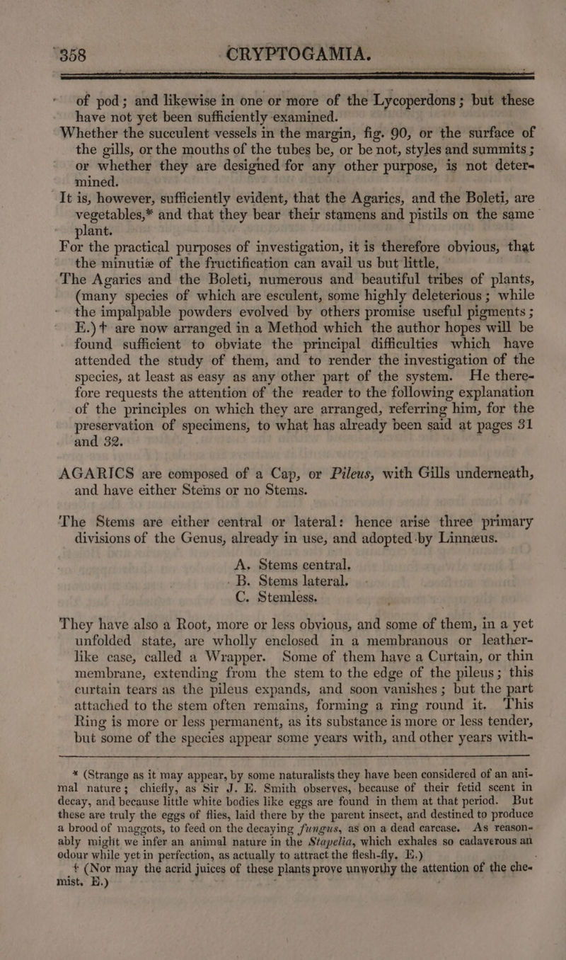 of pod; and likewise in one or more of the Lycoperdons; but these have not yet been sufficiently examined. Whether the succulent vessels in the margin, fig. 90, or the surface of the gills, or the mouths of the tubes be, or be not, styles and summits ; or whether they are designed for any other purpose, is not deter- mined. isla It is, however, sufficiently evident, that the Agarics, and the Boleti, are vegetables,* and that they bear their stamens and pistils on the same plant. For the practical purposes of investigation, it is therefore obyious, that the minutiz of the fructification can avail us but little, , The Agarics and the Boleti, numerous and beautiful tribes of plants, (many species of which are esculent, some highly deleterious ; while the impalpable powders evolved by others promise useful pigments ; E.) +t are now arranged in a Method which the author hopes will be found sufficient to obviate the principal difficulties which have attended the study of them, and to render the investigation of the species, at least as easy as any other part of the system. He there- fore requests the attention of the reader to the following explanation of the principles on which they are arranged, referring him, for the preservation of specimens, to what has already been said at pages 31 and 32. AGARICS are composed of a Cap, or Pileus, with Gills underneath, and have either Stems or no Stems. The Stems are either central or lateral: hence arisé three primary divisions of the Genus, already in use, and adopted -by Linneus. A. Stems central. . B. Stems lateral. C. Stemless. They have also a Root, more or less obvious, and some of them, in a yet unfolded state, are wholly enclosed in a membranous or leather- like case, called a Wrapper. Some of them have a Curtain, or thin membrane, extending from the stem to the edge of the pileus; this curtain tears as the pileus expands, and soon vanishes ; but the part attached to the stem often remains, forming a ring round it. This Ring is more or less permanent, as its substance is more or less tender, but some of the species appear some years with, and other years with- * (Strange as it may appear, by some naturalists they have been considered of an ani- mal nature; chiefly, as Sir J. E, Smith observes, because of their fetid scent in decay, and because little white bodies like eggs are found in them at that period. But these are truly the eggs of flies, laid there by the parent insect, and destined to produce a brood of maggots, to feed on the decaying fungus, as on a dead carcase. As reason ably miglit we infer an animal nature in the Stapelia, which exhales so cadaverous an odour while yet in perfection, as actually to attract the flesh-fly, I.) + (Nor may the acrid juices of these plants prove unworthy the attention of the che- mist, BE.) ;