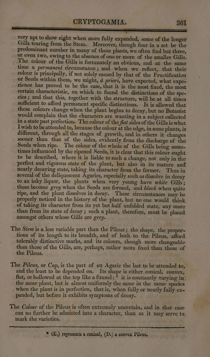 SSS very apt to show eight when more fully expanded, some of the longer Gills tearing from the Stem. Moreover, though four in a set be the predominant number in many of these plants, we often find but three, or even two, owing to the absence of one or more of the smaller Gills. The colour of the Gills is fortunately an obvious, and at the same time a permanent circumstance ; and when we reflect, that their colour is principally, if not solely caused by that of the Fructification or Seeds within them, we might, @ priori, have expected, what expe- rience has proved to be the case, that it is the most fixed, the most certain characteristic, on which to found the distinctions of the spe- cies ; and that this, together with the structure, will be at all times . sufficient to afford permanent specific distinctions. It is allowed that these colours change when the plant begins to decay, but no Botanist would complain that the characters are wanting in a subject collected in a state past perfection. The colour of the flat sides of the Gills is what I wish to be attended to, because the colour at the edge, in some plants, is different, through all the stages of growth, and in others. it changes sooner than that of the sides, evidently from the discharge of the Seeds when ripe. The colour of the whole of the Gills being some- times influenced by the ripened Seeds, it is clear that this colour ought to be described, where it is liable to such a change, not only in the perfect and vigorous state of the plant, but also in its mature and nearly decaying state, taking its character from the former. Thus in several of the deliquescent Agarics, especially such as dissolve in decay to an inky liquor, the plants when very young have white Gills; these become grey when the Seeds are formed, and black when quite ripe, and the plant dissolves in decay. These circumstances may be properly noticed in the history of the plant, but no one would think of taking its character from its yet but half unfolded state, any more than from its state of decay ; such a plant, therefore, must be placed. amongst others whose Gills are grey. The Stem is a less variable part than the Pileus ; the shape, the propor- tions of its length to its breadth, and of both to the Pileus, afford tolerably distinctive marks, and its colours, though more changeable than those of the Gills, are, perhaps, rather more fixed than those of the Pileus. The Pileus, or Cap, is the part of an Agaric the last to be attended to, and the least to be depended on. Its shape is either conical, convex, flat, or hollowed at the top like a funnel: * it is constantly varying in the same plant, but is almost uniformly the same in the same species when the plant is in perfection, that is, when fully or nearly fully ex- panded, but before it exhibits symptoms of decay. The Colour of the Pileus is often extremely uncertain, and in that case _ ean no further be admitted into a character, than as it may serve to, mark the varieties. . Oe SS RIS TERETE IN OY RA IRIE POS GT WUBMN ROK SPS aY a ce ® (E.) represents a conical, (D.) a convex Pileus.