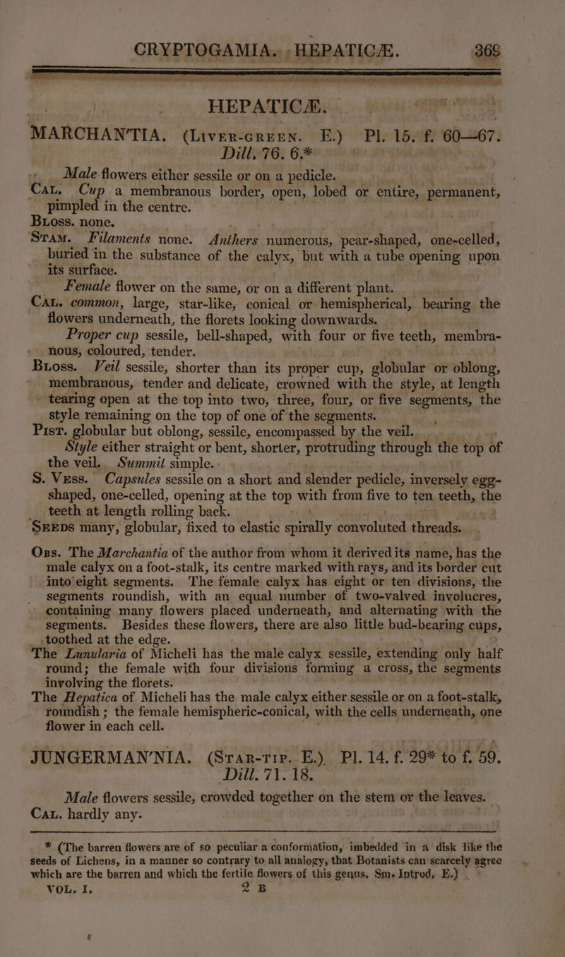 bor HEPATIC. | : MARCHAN’TIA. (Liver-creen. E.) Pl. 15. f. 60—67. Dill, 76. 6.* | Male flowers either sessile or on a pedicle. Cat. Cup a membranous border, open, lobed or entire, permanent, pimpled in the centre. | Buoss. none. . hy Sram. Filaments none. Anthers numerous, pear-shaped, one-celled, buried in the substance of the calyx, but with a tube opening upon its surface. _ Female flower on the same, or on a different plant. . CAL. common, large, star-like, conical or hemispherical, bearing the flowers underneath, the florets looking downwards. Proper cup sessile, bell-shaped, with four or five teeth, membra- nous, coloured, tender. &gt; i Bross. Veil sessile, shorter than its proper cup, globular or oblong, membranous, tender and delicate, crowned with the style, at length - tearing open at the top into two, three, four, or five segments, the style remaining on the top of one of the segments. Pist. globular but oblong, sessile, encompassed by the veil. | Style either straight or bent, shorter, protruding through the top of the veil.. Summii simple. - } | S. Vess. Capsules sessile on a short and slender pedicle, inversely egg- shaped, one-celled, opening at the top with from five to ten teeth, the __ teeth at-length rolling back. poy ie : SEEDs many, globular, fixed to elastic spirally convoluted threads. Oss. The Marchantia of the author from whom it derived its name, has the male calyx on a foot-stalk, its centre marked with rays, and its border cut into eight segments. The female calyx has eight or ten divisions, the segments roundish, with an equal number of two-valved involucres, containing many flowers placed underneath, and alternating with the segments. Besides these flowers, there are also little bud-bearing cups, -toothed at the edge. ; 2 The Lunularia of Micheli has the male calyx sessile, extending only half round; the female with four divisions forming a cross, the segments involving the florets. ; The Hepatica of Micheli has the male calyx either sessile or on a foot-stalk, roundish ; the female hemispheric-conical, with the cells underneath, one flower in each cell. bis JUNGERMAN'NIA. (Srar-rie. E.) Pl. 14. f. 29* to f. 59. ‘Dill. 71.18. Male flowers sessile, crowded together on the stem or the leaves. _ Cau. hardly any. * (The barren flowers are of so peculiar a conformation, imbedded in a disk like the seeds of Lichens, in a manner so contrary to all analogy, that Botanists can scarcely agree which are the barren and which the fertile flowers of this genus, Sm- Introd, E.) _ © VOL. I, 2B