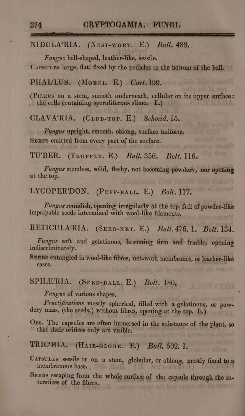 874 CGRYPTOGAMIA: FUNGL aS NIDULA’/RIA. (NeEst-worrt. E.) Bull. 488. . Fungus bell-shaped, leather-like, sessile. CarsuLEs large, flat, fixed by the pedicles to the bottom of the bell. PHAULUS. (More.. E.) . Curt. 199. (PiLEvs on a stem, smooth underneath, cellular on its upper surface : the cells containing sporuliferous slime. E.) | CLAVA‘RIA. (Cuun-ror. E.) Schmid. 15. Fungus upright, smooth, oblong, surface uniform. SEEDs emitted from every part of the surface. TU’BER. (Trurrue. E.) Bull. 356. Bolt. 116. Fungus stemless, solid, fleshy, not becoming powdery, nor opening at the top. LYCOPER’DON. (Purr-saut. E.) Bolt. 117. Fungus roundish, opening irregularly at the top, full of powder-like impalpable seeds intermixed with wool-like filaments. RETICULA/RIA. (Suxp-ner. E.) Bull.476.1. Bolt. 134. Fungus soft and gelatinous, becoming firm and friable, opening indiscriminately. : SEEDS entangled in wool-like fibres, net-work membranes, or leather-like cases. SPHAVRIA. (SrEp-BAu. E.) Bolt. 180, Fungus of various shapes, Fructifications mostly spherical, filled with a gelatinous, or pow-~ dery mass, (the sceds,) without fibres, opening at the top. E.) Oss. The capsules are often immersed in the substance of the plant, so that théir orifices only aré visible. | TRIC'HIA. (Harr-Grose. E.) Bull, 502. 1. Capsuues sessile or on a stem, globular, or oblong, mostly fixed to a membranous base. ‘ ey ae ok SrEps escaping from the whole surface of the capsule through the in« terstices of the fibres. e al | : |