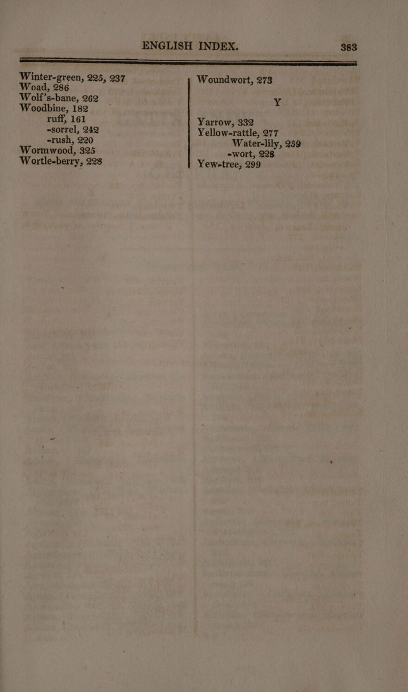 Sa SN Winter-green, 225, 237 Woundwort, 273 Woad, 286 Wolf’s-bane, 262 Y Woodbine, 182 ruff, 161 Yarrow, 332 -sorrel, 242 Yellow-rattle, 277 -rush, 220 Water-lily, 259 Wormwood, 325 -wort, 228 Wortle-berry, 228 Yew-tree, 299