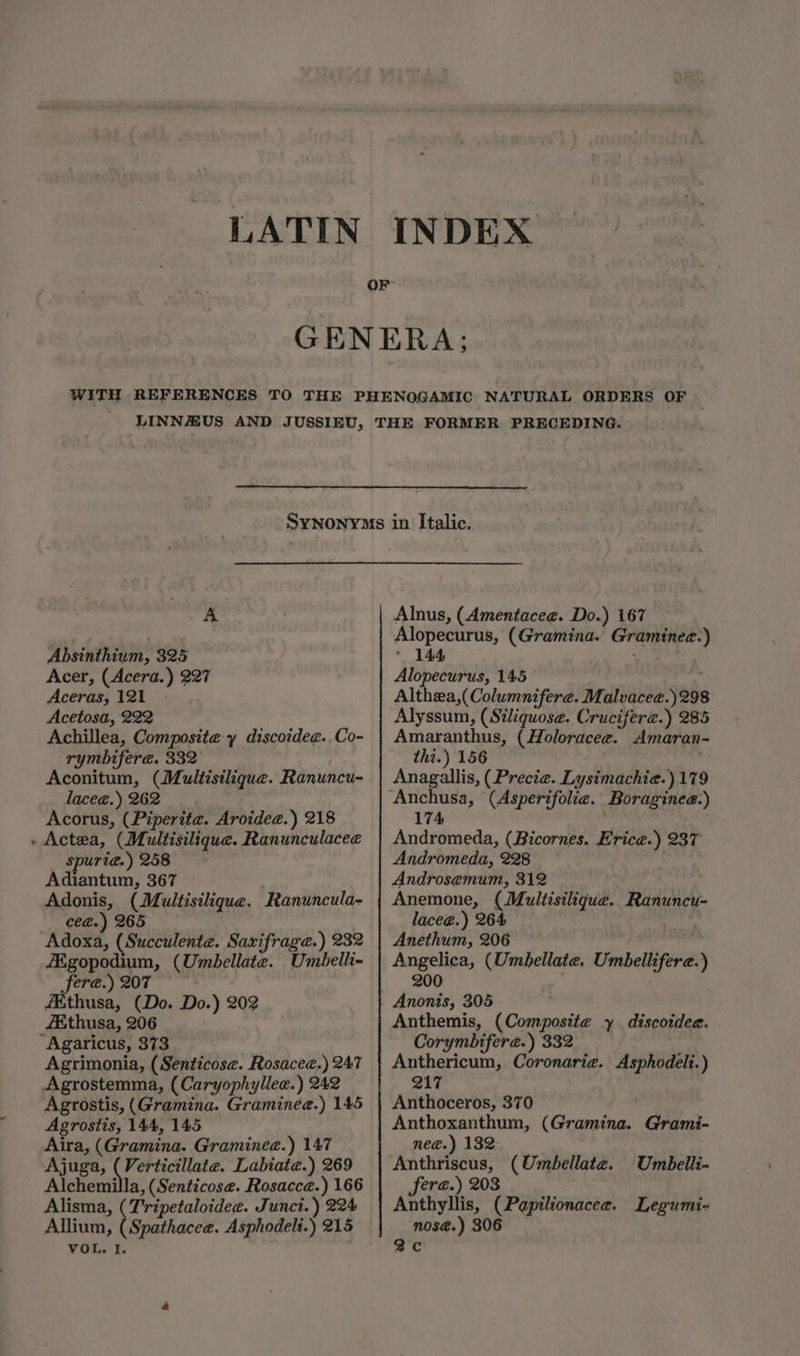 LATIN INDEX A Absinthium, 325 Acer, (Acera.) 227 Aceras, 121 Acetosa, 222 Achillea, Composite y discoidee. Co- rymbifera. 332 Aconitum, (Multistlique. Ranuncu- lace@.) 262 . Acorus, (Piperita. Aroidea.) 218 . Actea, (Multisilique. Ranunculacee spuria@,.) 258 Adiantum, 367 Adonis, (Multisilique. Ranuncula- cee.) 265 Adoxa, (Succulente. Saxifrage.) 232 JEgopodium, (Umbellate. Umbelli- fer@.) 207 fKthusa, (Do. Do.) 202 ZEthusa, 206 ‘Agaricus, 373 Agrimonia, (Senticose. Rosacea.) 247 Agrostemma, (Caryophyllee.) 242 Agrostis, (Gramina. Graminea.) 145 Agrostis, 144, 145 Aira, (Gramina. Gramineae.) 147 Ajuga, (Verticillate. Labiate.) 269 Alisma, (T'ripetaloidee. Junci.) 224 Allium, (Spathacee. Asphodelt.) 215 VOL. I. Alnus, (Amentacee. Do.) 167 Alopecurus, (Gramina. Graminec.) * 144 Pee, Alopecurus, 145 Althea,(Columnifere. Malvaceae.) 298 Alyssum, (Stliquose. Crucifere.) 285 Amaranthus, (Holoracee. Amaran- thi.) 156 Anagallis, (Precie. Lysimachia.) 179 Andromeda, (Bicornes. Erice.) 237 Andromeda, 228 Androsemum, 312 Anemone, (Multisilique. Ranuncu- lacee.) 264 Anethum, 206 Angelica, (Umbellate. Umbellifere.) 200 Anthemis, (Composite y discoidee. Corymbiferae.) 332 Authericum, Coronaria. Asphodeli.) 217 Anthoceros, 370 Anthoxanthum, (Gramina. Grami- nee.) 132. Anthriscus, (Umbellate. Anthyllis, (Papilionacee. Legumi- nos@.) 306 Umbelli-