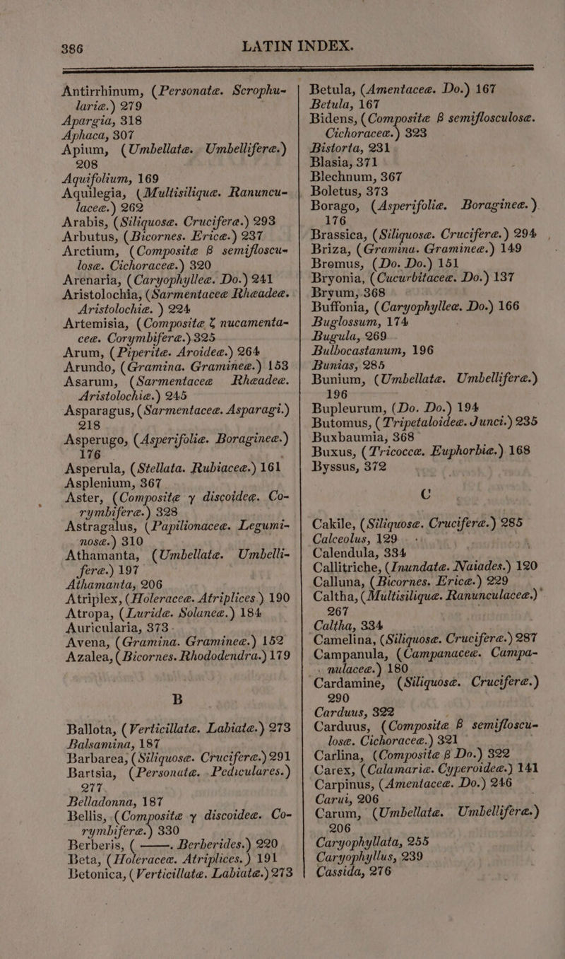 Antirrhinum, (Personate. Scrophu- laria.) 279 Apargia, 318 Aphaca, 307 Apium, (Umbellate. Umbellifere.) 208 Aquifolium, 169 Aquilegia, (Multisilique. Ranuncu- lacee.) 262 Arabis, (Siliquose. Cruciferae.) 293 Arbutus, (Bicornes. Erice.) 237 Arctium, (Composite 8 semifloscu- lose. Cichorace@.) 320 Arenaria, (Caryophyllee. Do.) 241 Aristolochia. ) 224 Artemisia, (Composite nucamenta- cee. Corymbifera.) 325 Arum, (Piperite. Aroidee.) 264 Arundo, (Gramina. Gramineae.) 153 Asarum, (Sarmentacee Rheadee. Aristolochia.) 245 Asparagus, (Sarmentacee. Asparagi.) 218 Asperugo, (Asperifolie. Boraginee.) 176 Asperula, (Stellata. Rubiaceae.) 161 Asplenium, 367 Aster, (Composite y discoideg. Co- rymbifere.) 328 Astragalus, (Papilionacee. Legumi- nosé.) 310 | Athamanta, (Umbellate. Sere.) 197 Athamanta, 206 Atriplex, (Holeracee. Atriplices.) 190 Atropa, (Lurid@. Solunee.) 184 Auricularia, 373 - Avena, (Gramina. Graminee.) 152 Azalea, ( Bicornes. Rhododendra.) 179 Umbelli- B Ballota, (Verticillate. Labiate.) 273 Balsamina, 187 Barbarea, (Siliquose. Crucifere.) 291 Bartsia, (Personate. .Pediculares.) 277 Belladonna, 187 Bellis, (Composite y discoidee. Co- rymbifere.) 330 Berberis, ( . Berberides.) 220 Beta, (Holeracea. Atriplices. ) 191 Betonica, ( Verticillate. Labiaté.) 273 Betula, (Amentacea. Do.) 167 Betula, 167 Bidens, (Composite 8 semiflosculose. Cichorace@.) 323 Bistorta, 231 Blasia, 371 Blechnum, 367 Boletus, 373 Borago, (Asperifolie. Boraginee.). 176 Brassica, (Siliquose. Crucifer@.) 294 , Briza, (Gramina. Gramineae.) 149 Bromus, (Do. Do.) 151 Bryonia, (Cucurbitacee. Do.) 137 Bryum, 368 Buffonia, (Caryophyllee. Do.) 166 Buglossum, 174 Bugula, 269 Bulbocastanum, 196 Bunias, 285 Bunium, (Umbellate. Umbellifere.) 196 Bupleurum, (Do. Do.) 194 Butomus, ( T'ripetaloidee. Junct.) 235 Buxbaumia, 368 Buxus, (T'ricocce. Euphorbia.) 168 Byssus, 372 C Cakile, (Siliquose. Crucifere.) 285 Calceolus, 129. -: he Calendula, 334 Callitriche, (Inundate. Naiades.) 120 Calluna, (Bicornes. Erica.) 229 Caltha, (Multisilique. Ranunculacee.)’ 267 eth Camelina, (Siliquose. Cruciferae.) 287 Campanula, (Campanacee. Campa- . nulacee.) 180 290 Carduus, 322 : Carduus, (Composite 8 semifloscu- lose. Cichoracea.) 321 Carlina, (Composite 8 Do.) 322 Carex, (Calamaria. Cyperoidea.) 141 Carpinus, (Amentacee. Do.) 246 Carui, 206 Carum, (Umbellate. Umbellifere.) 206 Caryophyllata, 255 Caryophyllus, 239 Cassida, 276