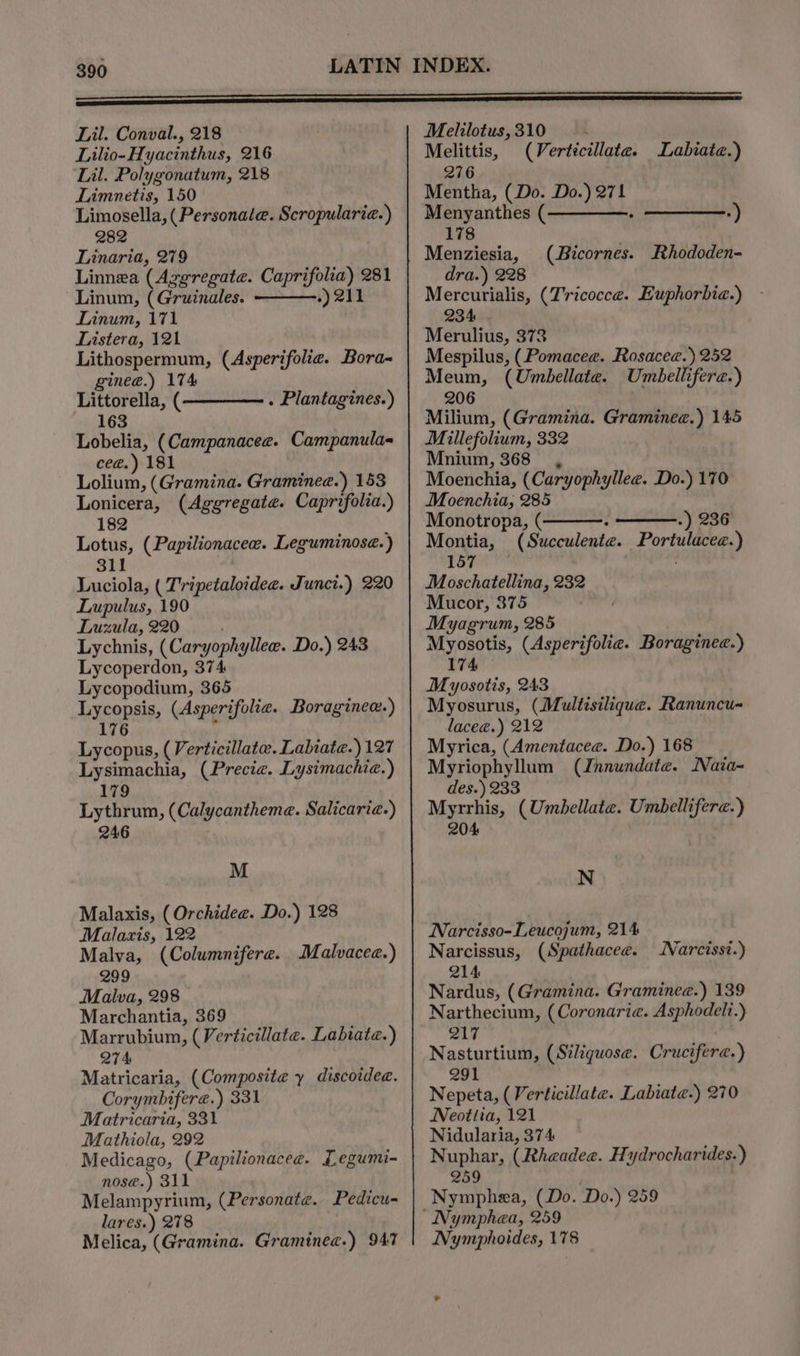 Lil. Conval., 218 Lilio-Hyacinthus, 216 Lil. Polygonatum, 218 Limnetis, 150 Limosella, ( Personate. Scropularia.) 282 Linaria, 279 Linnea (Aggregate. Caprifolia) 281 Linum, (Gruinales. -) 211 Linum, 171 ' Listera, 121 Lithospermum, (Asperifolie. Bora gine@.) 174 Littorella, ( . Plantagines.) 163 Lobelia, (Campanacea. Campanula cee.) 181 Lolium, (Gramina. Gramineae.) 153 Lonicera, (Aggregate. Caprifolia.) 182 Lotus, (Papilionacee. Leguminosé.) 311 Luciola, ( Tripetaloidee. Junci.) 220 Lupulus, 190 Luzula, 220 ' Lychnis, (Caryophyllee. Do.) 243 Lycoperdon, 374 Lycopodium, 365 Lycopsis, (Asperifolie. Boraginee.) 176 : Lycopus, (Verticillate. Labiate.) 127 Lysimachia, (Precia. Lysimachie.) 179 Lythrum, (Calycantheme. Salicaria-) 246 M Malaxis, ( Orchidee. Do.) 128 Malaxis, 122 Malva, (Columnifere. Malvacee.) 299 Malva, 298 Marchantia, 369 Marrubium, (Verticillate. Labiate.) 274 Matricaria, (Composite y discoidee. Corymbiferg.) 331 Matricaria, 331 Mathiola, 292 Medicago, (Papilionacee. Legumi- nos@.) 311 Melampyrium, (Personate. Pedicu- lares.) 278 Melica, (Gramina. Graminea.) 947 Melilotus, 310 Melittis, (Verticillate. Labiate.) 276 Mentha, (Do. Do.) 271 Menyanthes (————-. —————-) 178 Menziesia, dra.) 228 Mercurialis, (T'ricocce. Euphorbia.) 234 Merulius, 378 Mespilus, (Pomacee. Rosacea.) 252 (Bicornes. Rhododen- Meum, (Umbellate. Umbellifere.) 206 Milium, (Gramina. Graminee.) 145 Millefolium, 332 Mnium, 368 , Moenchia, (Caryophyllee. Do.) 170 Moenchia, 285 Monotropa, ( -) 236 Montia, (Succulente. Portulacee.) 157 Moschatellina, 232 Mucor, 375 Myagrum, 285 Myosotis, (Asperifolie. Boraginee.) 174 Myposotis, 243 Myosurus, (Multisilique. Ranuncu- laceg.) 212 Myrica, (Amentacee. Do.) 168 Myriophyllum (Jnnundate. Naia- des.) 233 Myrrhis, (Umbellate. Umbellifere.) 204 N Narcisso-Leucojum, 214 Narcissus, (Spathacee. 214 Nardus, (Gramina. Graminee.) 139 Narthecium, (Coronaria. Asphodelt.) 217 Nasturtium, (Siliquose. Cruciferae.) 291 Nepeta, (Verticillate. Labiate.) 270 Neotlia, 121 Nidularia, 374 Nuphar, (Rheadee. Hydrocharides.) 259 Narcisst.) Nymphea, (Do. Do.) 259 Nymphoides, 178