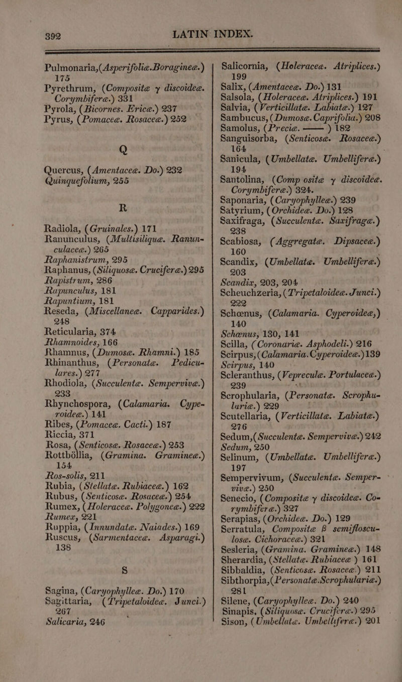 Pulmonaria,( Asperifolie.Boragine@.) 175 Pyrethrum, (Composite y discoidee. — Corymbifere.) 331 Pyrola, (Bicornes. Erica.) 237 Pyrus, (Pomacee. Rosacea.) 252 Q Quercus, (Amentacee. Do.) 232 Quinquefolium, 255 R Radiola, (Gruinales.) 171 Ranunculus, (Multisilique. Ranun- culacee@.) 265 Raphanistrum, 295 Raphanus, (Siliquose. Crucifere.) 295 Rapistrum, 286 . Rapunculus, 181 Rapuntium, 181 Reseda, (Miscellanee. Capparides.) 248 Reticularia, 374 Rhamnoides, 166 Rhamnus, (Dumose. Rhamni.) 185 Rhinanthus, (Personate. Pedicu- lares.) 277 Rhodiola, (Succulente. Sempervive.) 233 Rhynchospora, (Calamaria. Cype- roide@.) 141 Ribes, (Pomacee. Cacti.) 187 Riccia, 371 Rosa, (Senticose. Rosacee.) 253 Rottbollia, (Gramina. Graminee.) 154 Ros-solis, 211 Rubia, (Stellate. Rubiacee.) 162 Rubus, (Senticose. Rosacea.) 254 Rumex, ( Holeracea. Polygonee.) 222 Rumex, 221 Ruppia, (Innundate. Naiades.) 169 Ruscus, (Sarmentacee. Asparagi.) 138 s Sagina, (Caryophyllee. Do.) 170 Sapittaria, (T'ripetaloidee. Junci.) 267 Salicaria, 246 Salicornia, (Holeraceae. Atriplices.) 199 Salix, (Amentacee. Do.) 131 Salsola, (Holeraceae. Atriplices.) 191 Salvia, (Verticillate. Labiate.) 127 Sambucus, (Dumose. Caprifolta.) 208 Samolus, (Precie. ) 182. Sanguisorba, (Senticose. Rosacea.) 164 : Sanicula, (Umbellate. Umbellifere.) 194 Santolina, (Comp osite y discoidee. Corymbifere.) 324. Saponaria, (Caryophyllee.) 239 Satyrium, ( Orchidee. Do.) 128 Saxifraga, (Succulente. Saxifrage.) 238 Scabiosa, (Aggregate. Dipsacee.) 160 Scandix, (Umbellate. Umbellifere.) 203 Scandix, 203, 204 Scheuchzeria, ( T'ripetaloidee. Junci.) 222 Scheenus, (Calamaria. Cyperoidee,) — 140 Schenus, 130, 141 — Scilla, (Coronariea. Asphodeli.) 216 Scirpus, (Calamaria. Cyperoidee.) 139 Scirpus, 140 Scleranthus, (Veprecule. Portulacee.) 9 “! Scrophularia, (Personate. Scrophu- lurie.) 229 pe Scutellaria, (Verticillate. Labiate.) 276 Sedum, (Succulente. Sempervive.) 242 Sedum, 250 Selinum, (Umbellate. Umbellifere.) Sempervivum, (Succulente. Semper- vive.) 250 | Senecio, (Composite y discoidea. Co- rymbifer a.) 327 Serapias, (Orchidee. Do.) 129 Serratula, Composite B semifloscu- lose. Cichoraceé.) 321 Sesleria, (Gramina. Gramineae.) 148 Sherardia, (Stellate. Rubiacee ) 161 Sibbaldia, (Senticose. Rosacee.) 211 Sibthorpia,(Personate.Scrophularia.) 281 . Silene, (Caryophyllee. Do.) 240 Sinapis, (Siliquose. Cruciferae.) 295 Sison, (Umbellatz. Umbellifere.) 201