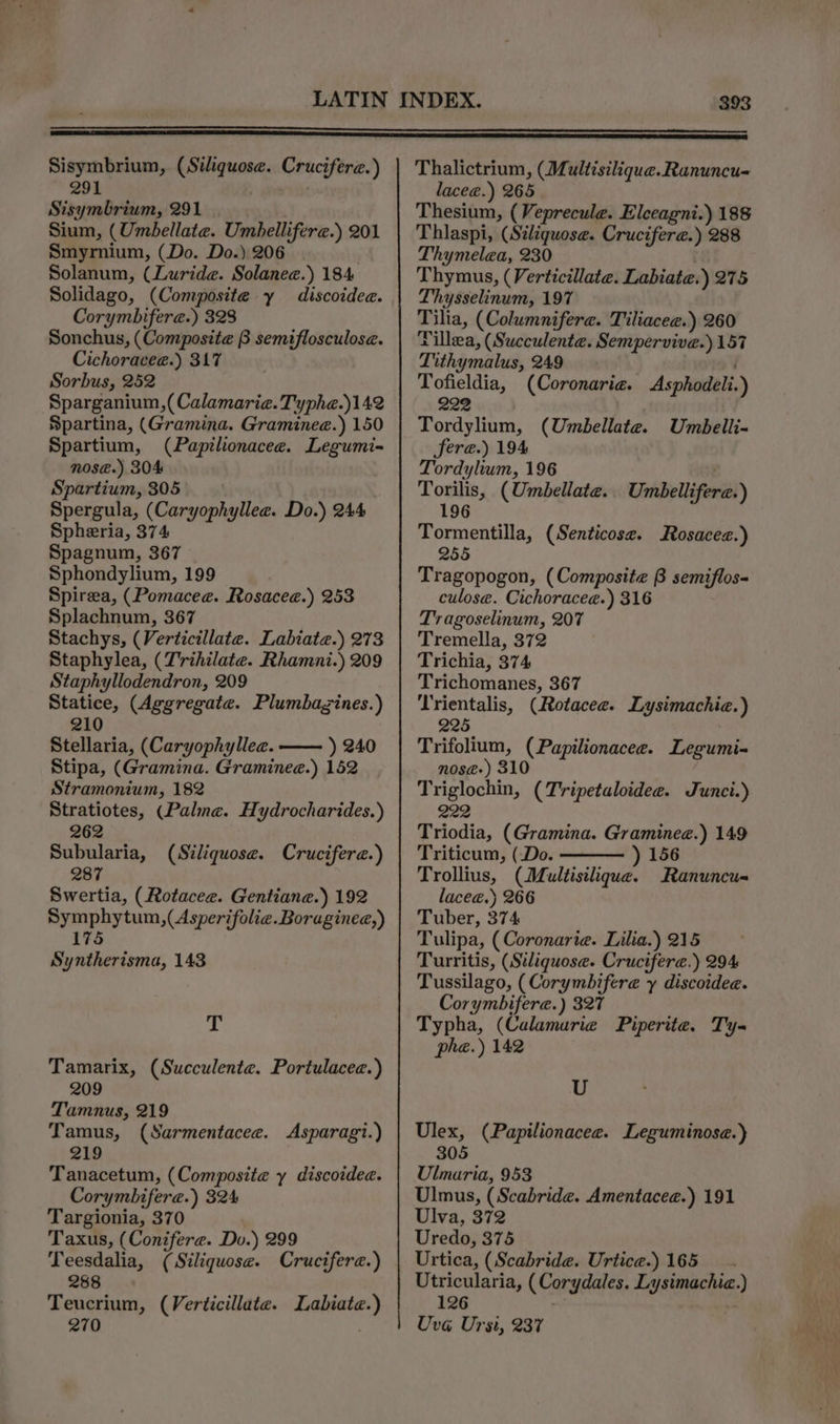 Sisymbrium, (Siliquose. Crucifere.) 291 Sisymbrium, 291 Sium, (Umbellate. Umbellifere.) 201 Smyrnium, (Do. Do.) 206 . Solanum, (Luride. Solanee.) 184 Solidago, (Composite y discoidee. Corymbifera.) 328 Sonchus, (Composite B semiflosculose. Cichorace@.) 317 Sorbus, 252 Sparganium,(Calamarie. Typhe.)142 Spartina, (Gramina. Graminee@.) 150 Spartium, (Papilionacee. Legumi- nose.) 304 Spartium, 305 Spergula, (Caryophyllea. Do.) 244 Spheria, 374 Spagnum, 367 Sphondylium, 199 Spirea, (Pomacee. Rosaceae.) 253 Splachnum, 367 Stachys, (Verticillate. Labiate.) 273 Staphylea, (Trihilate. Rhamni.) 209 Staphyllodendron, 209 Statice, (Aggregate. Plumbagines.) 210 Stellaria, (Caryophyllee. —— ) 240 Stipa, (Gramina. Graminee.) 152 Stramonium, 182 Stratiotes, (Palme. Hydrocharides.) 262 Subularia, (Siliquose. Crucifere.) 287 Swertia, (Rotacee. Gentiane.) 192 Symphytum,(Asperifolie. Boraginee,) 175 Syntherisma, 143 T Tamarix, (Succulente. Portulacee.) 209 Tamnus, 219 Tamus, (Sarmentacee. Asparagi.) 219 Tanacetum, (Composite y discoidee. Corymbifere@.) 324 Targionia, 370 Taxus, (Conifere. Do.) 299 Teesdalia, (Siliquose. Cruciferae.) 288 Teucrium, (Verticillate. Labiate.) Thalictrium, (Multisilique.Ranuncu- lacee.) 265 Thesium, (Veprecule. Elceagni.) 188 Thlaspi, (Siliquose. Cruciferae.) 288 Thymelea, 230 . Thymus, (Verticillate. Labiate.) 275 Thysselinum, 197 Tilia, (Columnifere. Tiliacee.) 260 Tillea, (Succulente. Sempervive.) 157 Tithymalus, 249 Tofieldia, (Coronarie. Asphodeli.) 22 2 Tordylium, (Umbellate. Umbelli- Sera.) 194 Tordylium, 196 ' Torilis, (Umbellate.. Umbellifere.) 196 Tormentilla, (Senticose. Rosacez.) 5 Tragopogon, (Composite B semiflos- culose. Cichoraceé.) 316 Tragoselinum, 207 Tremella, 372 Trichia, 374 Trichomanes, 367 Trientalis, (Rotacee. Lysimachia.) 225 . Trifolium, (Papilionacee. Legumi- nos@-) 310 Triglochin, (T'ripetaloidee. Junci.) 222 Triodia, (Gramina. Graminee.) 149 Triticum, (Do. ) 156 Trollius, (Multisilique. Ranuncu- lace@.) 266 Tuber, 374 Tulipa, (Coronarie. Lilia.) 215 Turritis, (Siliquose. Cruciferae.) 294 Tussilago, (Corymbifere y discoidee. Corymbifere.) 327 Typha, (Calamarie Piperite. Ty- phe.) 142 U Ulex, (Papilionacee. Leguminosae.) 305 Ulmaria, 953 Ulmus, (Scabride. Amentacea.) 191 Ulva, 372 Uredo, 375 Urtica, (Scabride. Urtice.) 165 Utricularia, ( Corydales. Lysimachia.) 126 : Uveé Ursi, 237