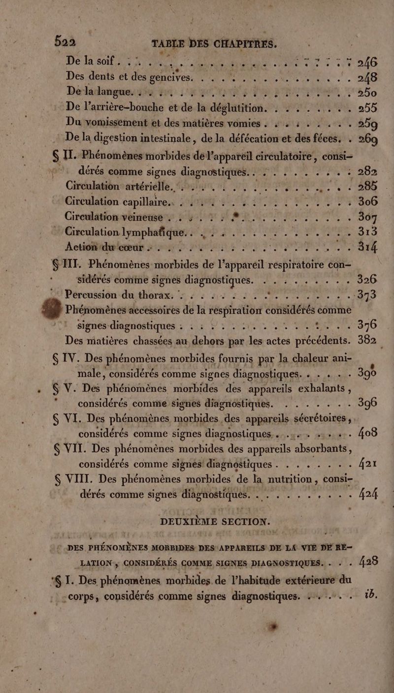 À baa TABLE DES CHAPITRES. Dé la sait CT AU NET à : Des dents et des gencives. IR EL TES CPE M. 248 Dela langue. : . : .1 D LS (er) é +. . + ” 19.860716 Moi SUN | 9.4 © 250 De l’arrière-bouche et de la déglutition. SRE ENRE 2655 Du vomissément et des matières vomies : à 4 4... …. 259 De la digestion intestinale, de la défécation et des fév, - 269 SIL. Phénomènes morbides dé l'appareil circulatoire, consi= dérés comme signes diagnostiques. . . . . . . . . . : 282 Circulation artérielle. POSIANT HE PROS RAR UT ES Circulation RTE foie sl Cf AN TPE DIET S 06 Circulationveinensés 24: HAL URLS 7. . 307 Circulation lymphafique. . À edf AA AE Pac HE A + IAE Ÿ € Action dweœur : . ... . 4. :.. EE SRE . (1 $TIT. Phénomènes morbides de l’apparéil respiratoire con- sidérés comme signes diagnostiques. . . . . . . . . . 326. Percussion du thorax. : : : . . : . .. PS RE -373 Phénomènes accessoires de la respiration considérés comme signés-diagnostiques : : : /: . 21. . ! * 0 0 376 Des matières chassées au dehors par les actes précédents. 382 : S IV. Des phénomènes morbides fournis par la chaleur ani- male, considérés comme signes diagnostiques. An ue. PA . SV. Dés phénomènes morbides des appareils exhalants, considérés comme signes diagnostiques. . . . . . . . 306 6 VI. Des phénomènes morbides des appareils raie, considérés comme signes diagnostiques. Sven diet. 400 $ VIT. Des phénomènes morbides des appareils absorbants, considérés comme signés’ diagnostiques . . . . OR 4at $ VIIT. Des phénomènes morbides de la ns og consi- dérés comme signes PR NT Def Le D. Aa DEUXIÈME SECTION. © DES PHÉNOMÈNES MORBIDES DES APPAREILS DE LA VIE DE RE— _LATION ; CONSIDÉRÉS COMME SIGNES DIAGNOSTIQUES. . . . 428 ‘$ I. Des phénomènes morbides de l'habitude extérieure du -corps, considérés comme signes diagnostiques. 2... . 10. Li