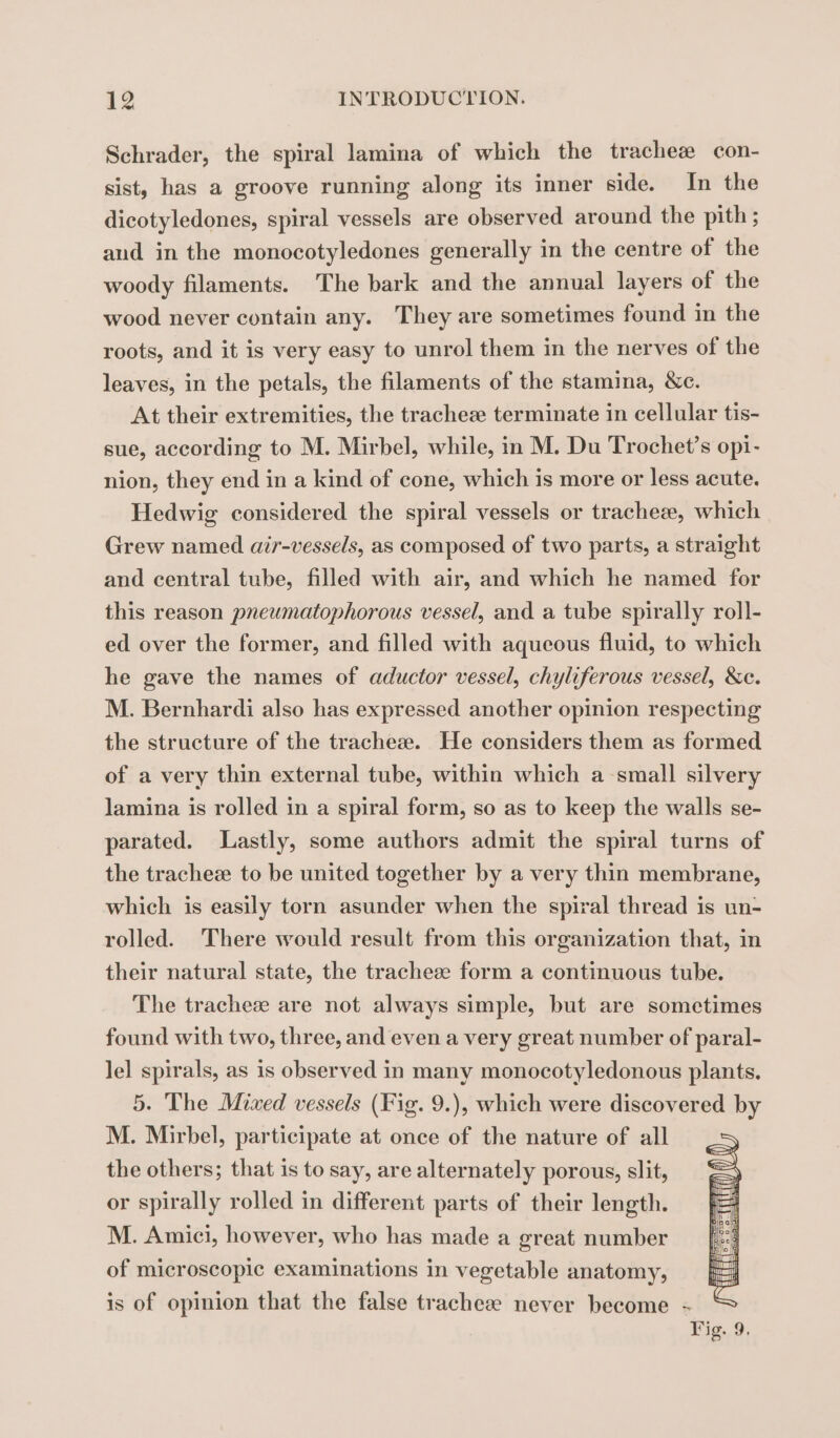 Schrader, the spiral lamina of which the tracheæ con- sist, has a groove running along its inner side. In the dicotyledones, spiral vessels are observed around the pith; and in the monocotyledones generally in the centre of the woody filaments. The bark and the annual layers of the wood never contain any. They are sometimes found in the roots, and it is very easy to unrol them in the nerves of the leaves, in the petals, the filaments of the stamina, &amp;c. At their extremities, the tracheæ terminate in cellular tis- sue, according to M. Mirbel, while, in M. Du Trochet’s opi- nion, they end in a kind of cone, which is more or less acute. Hedwig considered the spiral vessels or tracheæ, which Grew named air-vessels, as composed of two parts, a straight and central tube, filled with air, and which he named for this reason pneumatophorous vessel, and a tube spirally roll- ed over the former, and filled with aqueous fluid, to which he gave the names of aductor vessel, chyliferous vessel, &amp;c. M. Bernhardi also has expressed another opinion respecting the structure of the tracheæ. He considers them as formed of a very thin external tube, within which a small silvery lamina is rolled in a spiral form, so as to keep the walls se- parated. Lastly, some authors admit the spiral turns of the tracheæ to be united together by a very thin membrane, which is easily torn asunder when the spiral thread is un- rolled. There would result from this organization that, in their natural state, the tracheæ form a continuous tube. The tracheæ are not always simple, but are sometimes found with two, three, and even a very great number of paral- Jel spirals, as is observed in many monocotyledonous plants. 5. The Mixed vessels (Fig. 9.), which were discovered by M. Mirbel, participate at once of the nature of all the others; that is to say, are alternately porous, slit, or spirally rolled in different parts of their length. M. Amici, however, who has made a great number of microscopic examinations in vegetable anatomy, is of opinion that the false tracheæ never become - Fig. 9,