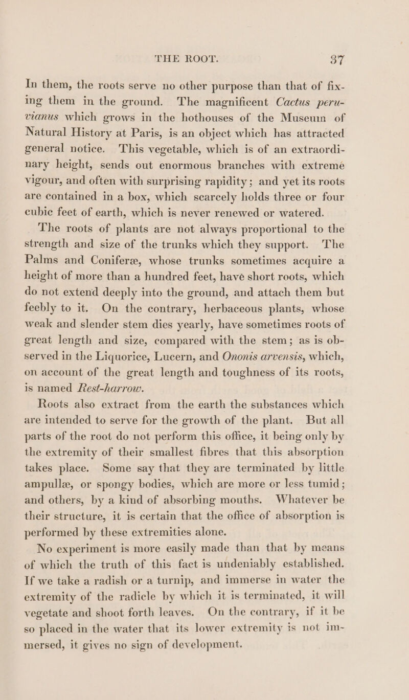 In them, the roots serve no other purpose than that of fix- ing them in the ground. The magnificent Cactus peru- “anus which grows in the hothouses of the Museum of Natural History at Paris, is an object which has attracted general notice. This vegetable, which is of an extraordi- nary height, sends out enormous branches with extremé vigour, and often with surprising rapidity; and yet its roots are contained in a box, which scarcely holds three or four cubic feet of earth, which is never renewed or watered. The roots of plants are not always proportional to the strength and size of the trunks which they support. The Palms and Coniferæ, whose trunks sometimes acquire a height of more than a hundred feet, have short roots, which do not extend deeply into the ground, and attach them but feebly to it. On the contrary, herbaceous plants, whose weak and slender stem dies yearly, have sometimes roots of great length and size, compared with the stem; as is ob- served in the Liquorice, Lucern, and Ononis arvensis, which, on account of the great length and toughness of its roots, is named Rest-harrow. Roots also extract from the earth the substances which are intended to serve for the growth of the plant. But all parts of the root do not perform this office, it being only by the extremity of their smallest fibres that this absorption takes place. Some say that they are terminated by little ampullæ, or spongy bodies, which are more or less tumid ; and others, by a kind of absorbing mouths. Whatever be their structure, it is certain that the office of absorption is performed by these extremities alone. No experiment is more easily made than that by means of which the truth of this fact is undeniably established. If we take a radish or a turnip, and immerse in water the extremity of the radicle by which it is terminated, it will vegetate and shoot forth leaves. On the contrary, if it be so placed in the water that its lower extremity is not im- mersed, it gives no sign of development.