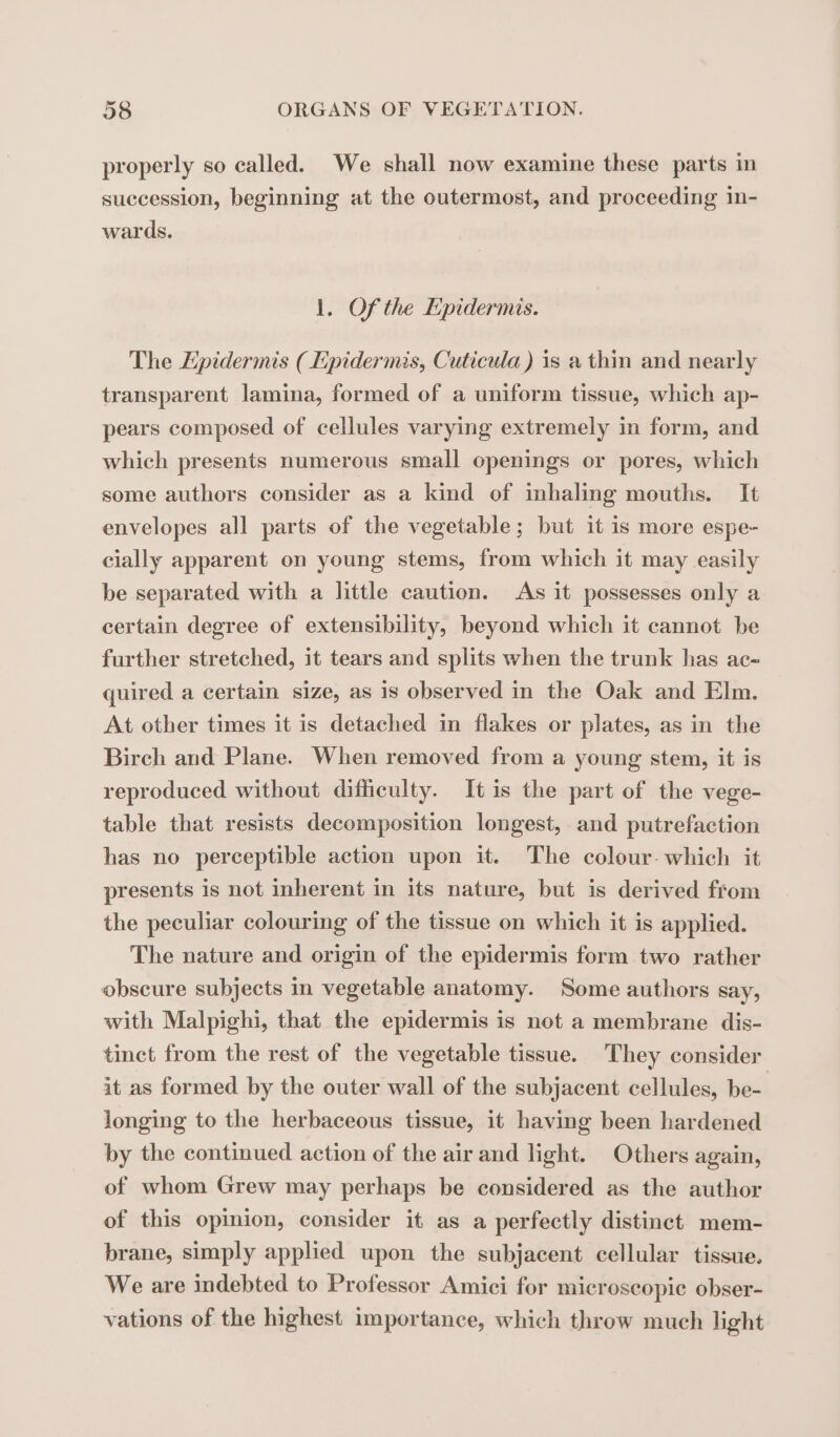 properly so called. We shall now examine these parts in succession, beginning at the outermost, and proceeding in- wards. 1. Of the Epidermis. The Epidermis (Epidermis, Cuticula) is a thin and nearly transparent lamina, formed of a uniform tissue, which ap- pears composed of cellules varying extremely in form, and which presents numerous small openings or pores, which some authors consider as a kind of inhaling mouths. It envelopes all parts of the vegetable; but it is more espe- cially apparent on young stems, from which it may easily be separated with a little caution. As it possesses only a certain degree of extensibility, beyond which it cannot be further stretched, it tears and splits when the trunk has ac- quired a certain size, as is observed in the Oak and Elm. At other times it is detached in flakes or plates, as in the Birch and Plane. When removed from a young stem, it is reproduced without difficulty. It is the part of the vege- table that resists decomposition longest, and putrefaction has no perceptible action upon it. The colour- which it presents is not inherent in its nature, but is derived from the peculiar colouring of the tissue on which it is applied. The nature and origin of the epidermis form two rather obscure subjects in vegetable anatomy. Some authors say, with Malpighi, that the epidermis is not a membrane dis- tinct from the rest of the vegetable tissue. They consider it as formed by the outer wall of the subjacent cellules, be- longing to the herbaceous tissue, it having been hardened by the continued action of the air and light. Others again, of whom Grew may perhaps be considered as the author of this opinion, consider it as a perfectly distinct mem- brane, simply applied upon the subjacent cellular tissue. We are indebted to Professor Amici for microscopie obser- vations of the highest importance, which throw much light