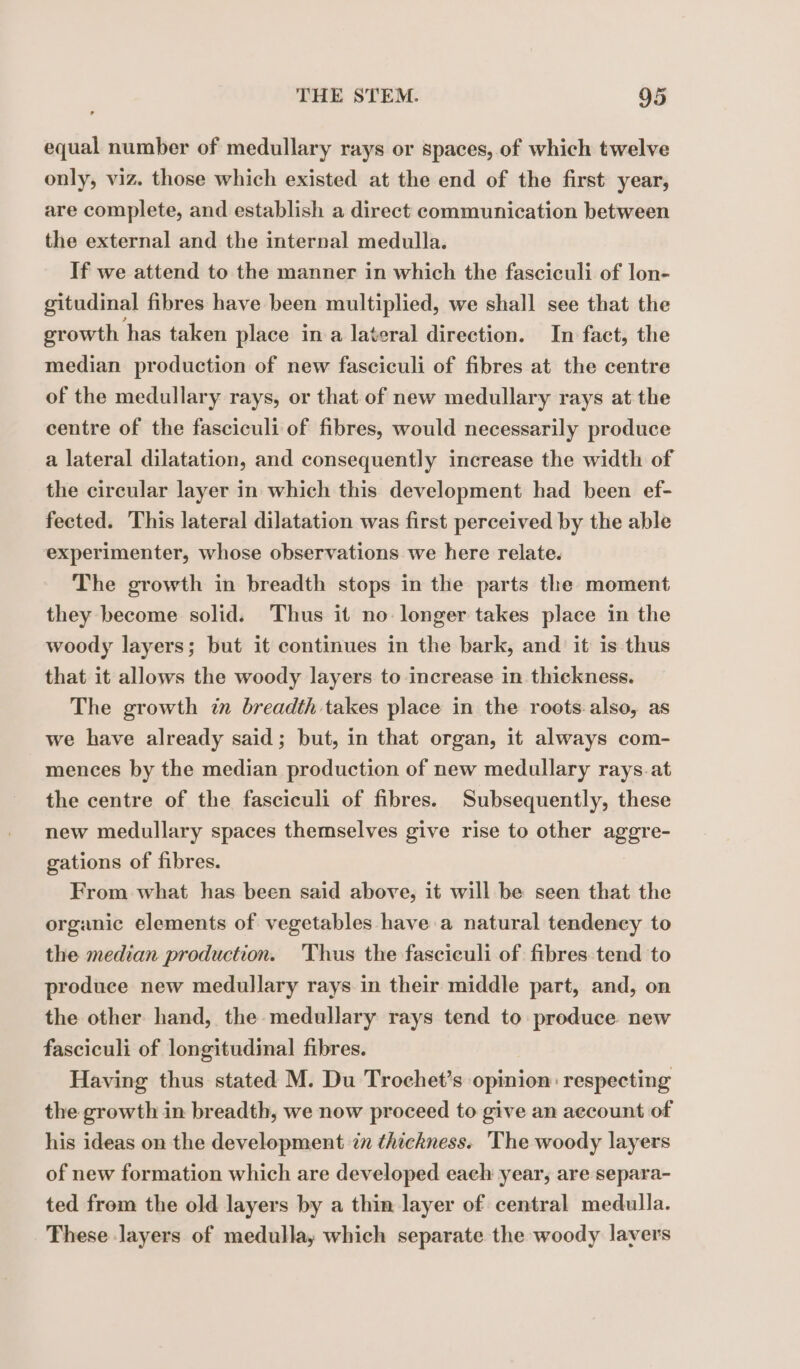 equal number of medullary rays or spaces, of which twelve only, viz. those which existed at the end of the first year, are complete, and establish a direct communication between the external and the internal medulla. If we attend to the manner in which the fasciculi of lon- gitudinal fibres have been multiplied, we shall see that the growth has taken place in a lateral direction. In fact, the median production of new fasciculi of fibres at the centre of the medullary rays, or that of new medullary rays at the centre of the fasciculi of fibres, would necessarily produce a lateral dilatation, and consequently increase the width of the circular layer in which this development had been ef- fected. This lateral dilatation was first perceived by the able experimenter, whose observations we here relate. The growth in breadth stops in the parts the moment they become solid. Thus it no longer takes place in the woody layers; but it continues in the bark, and it is thus that it allows the woody layers to increase in thickness. The growth in breadth takes place in the roots also, as we have already said; but, in that organ, it always com- mences by the median production of new medullary rays. at the centre of the fasciculi of fibres. Subsequently, these new medullary spaces themselves give rise to other aggre- gations of fibres. From what has been said above, it will be seen that the organic elements of vegetables have a natural tendency to the median production. Thus the fasciculi of fibres tend to produce new medullary rays in their middle part, and, on the other hand, the medullary rays tend to produce new fasciculi of longitudinal fibres. Having thus stated M. Du Trochet’s opinion: respecting the growth in breadth, we now proceed to give an account of his ideas on the development in thickness. The woody layers of new formation which are developed each year, are separa- ted from the old layers by a thin layer of central medulla. These layers of medulla, which separate the woody lavers