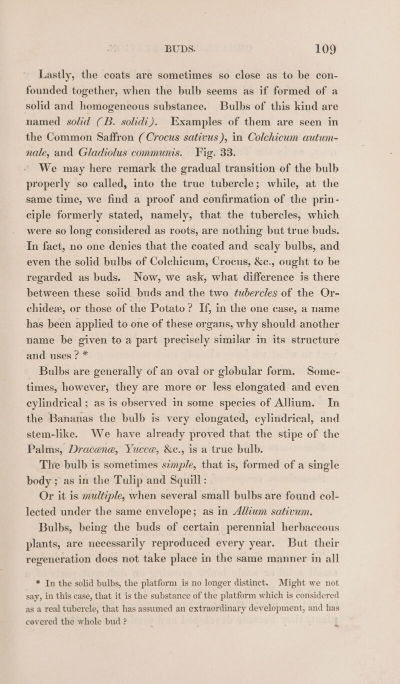 Lastly, the coats are sometimes so close as to be con- founded together, when the bulb seems as if formed of a solid and homogeneous substance. Bulbs of this kind are named solid (B. solidi). Examples of them are seen in the Common Saffron (Crocus sativus), in Colchicum autum- nale, and Gladiolus communis. Fig. 33. We may here remark the gradual transition of the bulb properly so called, into the true tubercle; while, at the same time, we find a proof and confirmation of the prin- ciple formerly stated, namely, that the tubercles, which were so long considered as roots, are nothing but true buds. In fact, no one denies that the coated and scaly bulbs, and even the solid bulbs of Colchicum, Crocus, &amp;c., ought to be regarded as buds. Now, we ask, what difference is there between these solid buds and the two tubercles of the Or- chide, or those of the Potato? If, in the one case, a name has been applied to one of these organs, why should another name be given to a part precisely similar in its structure and uses ? * _ Bulbs are generally of an oval or globular form. Some- times, however, they are more or less elongated and even cylindrical ; as is observed in some species of Allium. In the Bananas the bulb is very elongated, cylindrical, and stem-like. We have already proved that the stipe of the Palms, Dracene, Yucce, &amp;e., is a true bulb. The bulb is sometimes simple, that is, formed of a single body ; as in the Tulip and Squill : Or it is multiple, when several small bulbs are found col- lected under the same envelope; as in Allium sativum. Bulbs, being the buds of certain perennial herbaceous plants, are necessarily reproduced every year. But their regeneration does not take place in the same manner in all * In the solid bulbs, the platform is no longer distinct. Might we not say, in this case, that it is the substance of the platform which is considered as a real tubercle, that has assumed an extraordinary development, and has covered the whole bud ? *