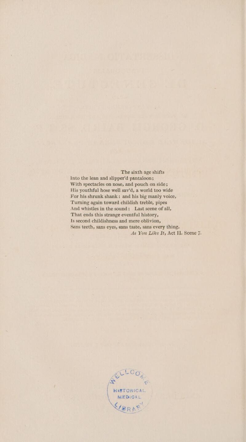 The sixth age shifts Into the Iean and slipper'd pantaloon; With spectacles on nose, and pouch on side; His youthful hose well sav'd, a world too wide For his shrunk shank : and his big manly voice, Turning again toward childish treble, pipes And whistles in the sound: Last scene of all, That ends this strange eventful history, Is second childishness and mere oblivion, Sans teeth, sans eyes, sans taste, sans every thing. As You Like It, Act I1. Scene 7. vg: MS v HISTORICAL MEDIO L. (4 n VERE