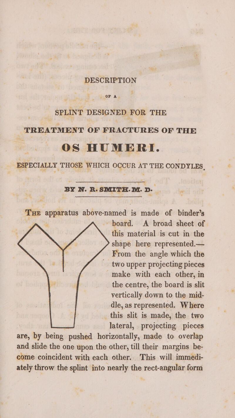 DESCRIPTION _ OF AD SPLINT DESIGNED F FOR THE TREATMENT OF FRACTURES OF THE OS HU MERI. ESPECIALLY THOSE WHICH OCCUR AT THE CONDYLES. a es == * BY N. R. SMITH. M. D- TH apparatus whbveminied: is made of binder’s board. &lt;A broad sheet of this material is cut in the shape here represented.— From the angle which the two upper projecting pieces make with each other, in the centre, the board is slit vertically down to the mid- dle, as represented. Where this slit is made, the two lateral, projecting pieces are, by being pushed horizontally, made to overlap and slide the one upon the other, till their margins be- come coincident with each other. This will immedi- ately throw the splint into nearly the rect-angular form