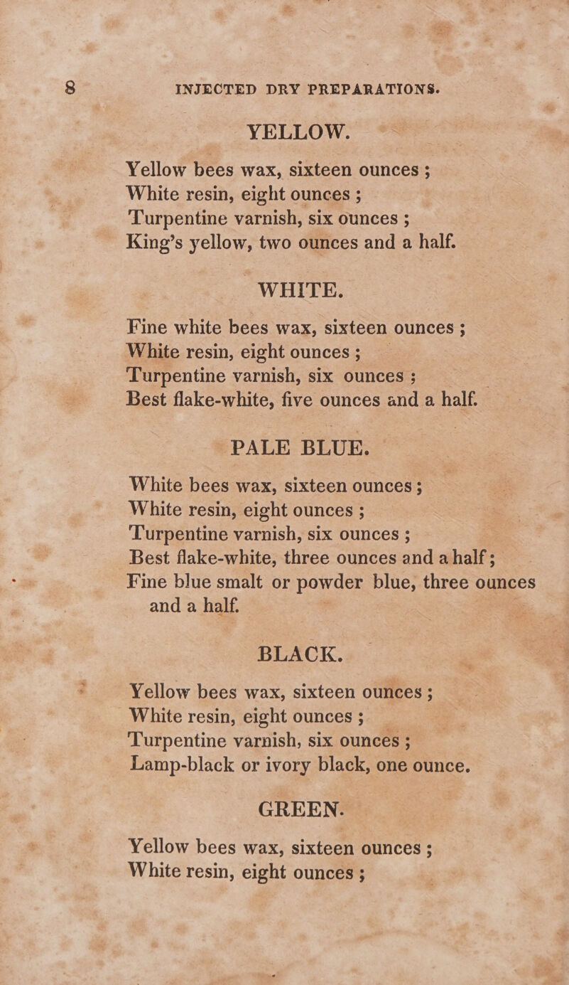 YELLOW. Yellow bees wax, sixteen ounces ; White resin, eight ounces ; | ‘Turpentine varnish, six ounces ; King’s yellow, two ounces and a half. WHITE. Fine white bees wax, sixteen ounces ; White resin, eight ounces ; Turpentine varnish, six ounces ; Best flake-white, five ounces and a half. PALE BLUE. White bees wax, sixteen ounces ; White resin, eight ounces ; ‘Turpentine varnish, six ounces ; Best flake-white, three ounces and a half; Fine blue smalt or powder blue, three | ounces and a half. . BLACK. Yellow bees wax, sixteen ounces ; White resin, eight ounces ; Turpentine varnish, six ounces ; Lamp-black or ivory black, one ounce. GREEN. Yellow bees wax, sixteen ounces ; White resin, eight ounces ;
