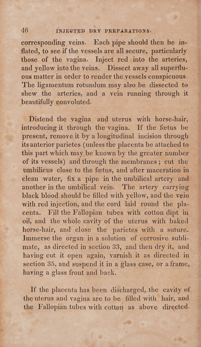 corresponding veins. Each pipe should then be in- flated, to see if the vessels are all secure, particularly those of the vagina. Inject red into the arteries, and yellow into the veins. Dissect away all superflu- ous matter in order to render the vessels conspicuous. The ligamentum rotundum may also be dissected to shew the arteries, and a vein running through it beautifully convoluted. - _Distend the vagina and uterus with horse-hair, introducing it through the vagina. If the foetus be present, remove it by a longitudinal incision through its anterior parietes (unless the placenta be attached to this part which may be known by the greater number of its vessels) and through the membranes; cut the umbilicus close to the feetus, and after maceration in another in the umbilical vein. ‘The artery carrying black blood should be filled with yellow, and the vein with red injection, and the cord laid round the pla- centa. Fill the Fallopian tubes with cotton dipt in oil, and the whole cavity of the uterus with baked horse-hair, and close the parietes with a suture. Immerse the organ in a solution of corrosive subli- mate, as directed in section 33, and then dry it, and having cut it open again, varnish it as directed in section 35, and suspend it in a glass case, or a frame, having a glass front and back. If the placenta has been discharged, the cavity of the uterus and vagina are to be filled with hair, and the Fallopian tubes with cotton as above directed.