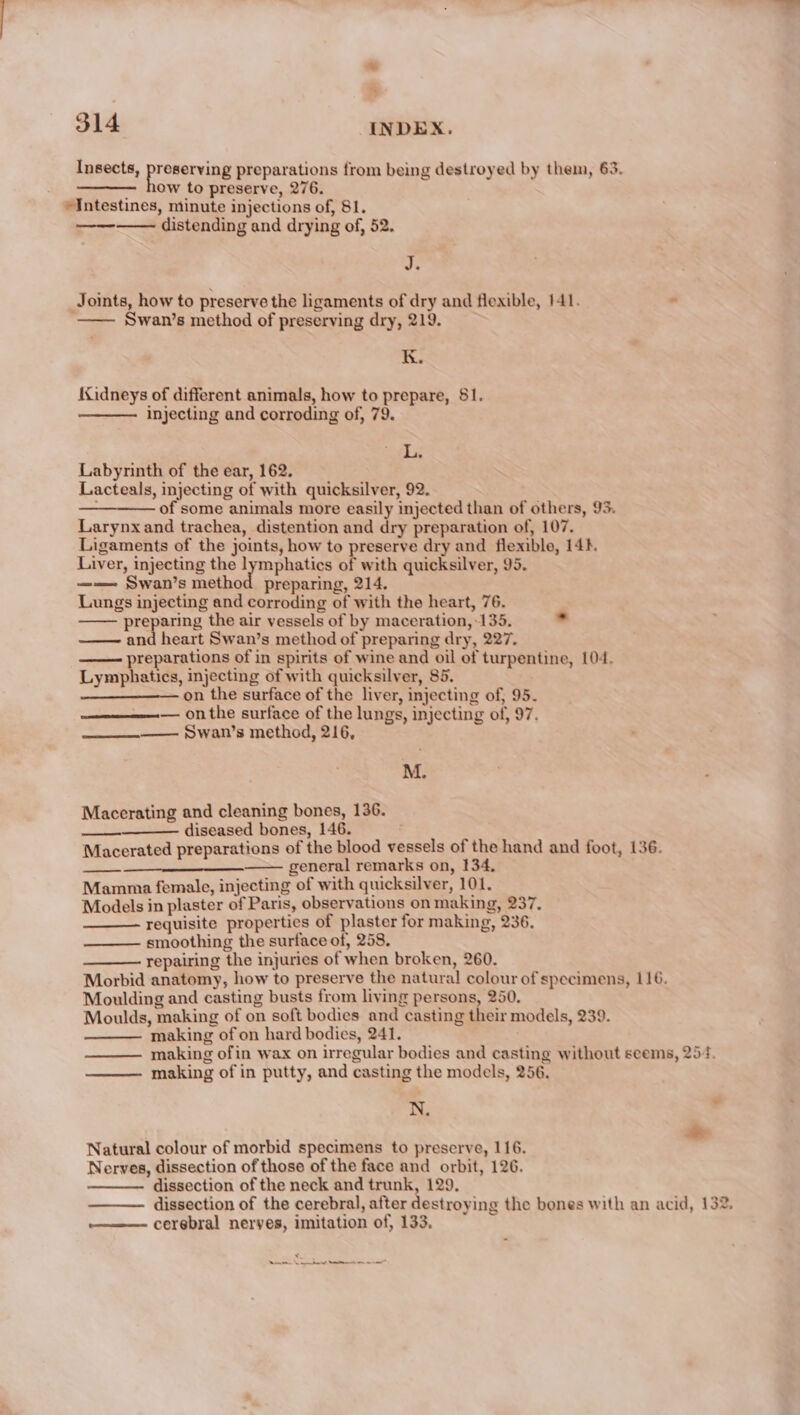 &amp; “ 314 INDEX. Insects, pronenuing preparations from being destroyed by them, 63. ow to preserve, 276. “Intestines, minute injections of, 81. distending and drying of, 52. J. Joints, how to preserve the ligaments of dry and flexible, 141. - —— Swan’s method of preserving dry, 219. K. Kidneys of different animals, how to prepare, 81. injecting and corroding of, 79. L. Labyrinth of the ear, 162. Lacteals, injecting of with quicksilver, 92. of some animals more easily injected than of others, 95. Larynxand trachea, distention and dry preparation of, 107. Ligaments of the joints, how to preserve dry and flexible, 14}. Liver, injecting the lymphatics of with quicksilver, 95. —— Swan’s method preparing, 214. Lungs injecting and corroding of with the heart, 76. preparing the air vessels of by maceration, 135. ° and heart Swan’s method of preparing dry, 227. preparations of in spirits of wine and oil of turpentine, 104. Lymphatics, injecting of with quicksilver, 85. on the surface of the liver, injecting of, 95. — onthe surface of the lungs, injecting of, 97. ——_—.——. Swan’s method, 216, M. Macerating and cleaning bones, 136. diseased bones, 146. Macerated preparations of the blood vessels of the hand and foot, 136. general remarks on, 134. Mamma female, injecting of with quicksilver, 101. Models in plaster of Paris, observations on making, 237. requisite properties of plaster for making, 236. smoothing the surface of, 258. repairing the injuries of when broken, 260. Morbid anatomy, how to preserve the natural colour of specimens, 116. Moulding and casting busts from living persons, 250. Moulds, making of on soft bodies and casting their models, 239. making of on hard bodies, 241. making ofin wax on irregular bodies and casting without seems, 254, making of in putty, and casting the models, 256. N. . a Natural colour of morbid specimens to preserve, 116. Nerves, dissection of those of the face and orbit, 126. dissection of the neck and trunk, 129. dissection of the cerebral, after destroying the bones with an acid, 132, ———- cerebral nerves, imitation of, 133. x en ene See ee ame