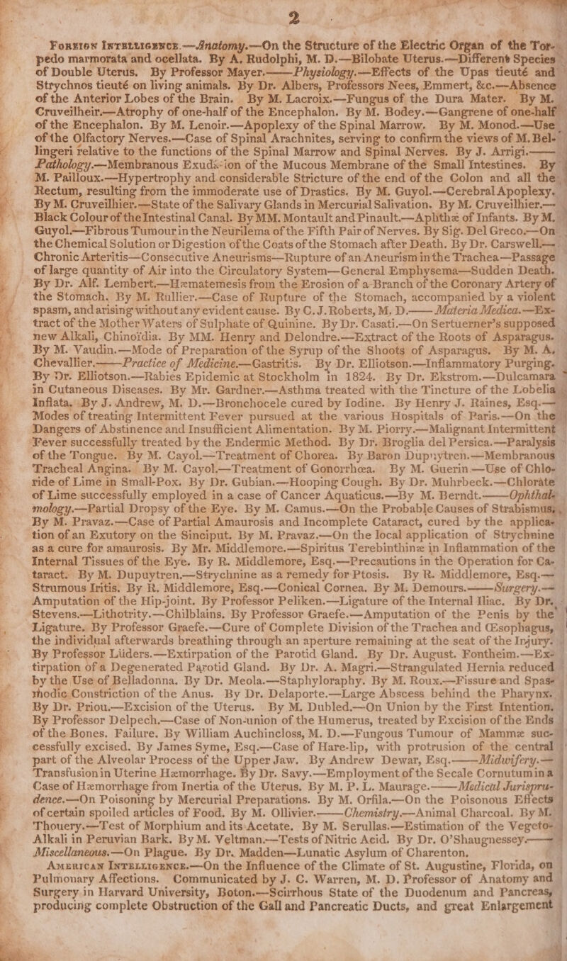 BSS cits ets ae eS Se ieee Bie Kai i ss ., a) ot | se Se 4 x. iy AV - . 2 yA si rs 1 iy: * - = ¢ : ‘ -% Forrtoew InrEinicENnce. —Ainatomy.—On the Structure of the Electric Organ of the Tore. pedo marmorata and ocellata. By A, Rudolph, M. D.—Bilobate Uterus.—Different Species _ of Double Uterus, By Professor Mayer.—_— Physiology.—Effects of the Upas tieuté and — Strychnos tieuté on living animals. By Dr. “Albers, Professors Nees, Emmert, &amp;c. Zoya of the Anterior Lobes of the Brain. By M. Lacroix.—Fungus of the Dura Mater. By M. Cruveilheir.—Atrophy of one-half of the Encephalon. By M. Bodey.—Gangrene of one-h of the Encephalon. By M. Lenoir.—Apoplexy of the Spinal Marrow. By M. Monod. —Use. of the Olfactory Nerves.—Case of Spinal Arachnites, serving to confirm the views of M. Ba cf lingeri relative to the functions of the Spinal Marrow and Spinal Nerves. By J. Arrigii— Pathology —Membranous Exudi:ion of the Mucous Membrane of the Small Intestines. By M. Pailloux.—Hypertrophy and considerable Stricture of the end of the Colon and all the Rectum, resulting from the immoderate use of Drastics. By M. Guyol.—Cerebral Apoplexy. By M. Cruveilhier.—State of the Salivary Glands in Mercurial Salivation. By M. Cruveilhier.— Black Colour of the Intestinal Canal. By MM. Montault and Pinault. —Aphthz of Infants. By M, Guyol.—Fibrous Tumour in the Neurilema of the Fifth Pair of Nerves. By Sig. Del Greco.—On the Chemical Solution or Digestion of the Coats of the Stomach after Death. By Dr. Carswell. Chronic Arteritis—C onsecutive Aneurisms—Rupture of an Aneurism inthe Trachea—Passage . wy. the Stomach. By M. Rullier.—Case of Rupture of the Stomach, accompanied by a violent spasm, and arising without any evident cause. By C.J. Roberts, M. D.—— Materia Medica. —Ex- tract of the Mother Waters of Sulphate of Quinine. By Dr. Casati.—On Sertuerner’s supposed — new Alkali, Chinoidia. By MM. Henry and Delondre.—Extract of the Roots of Aspataguscg d Chevallier.——Practice of Medicine. —Gastritis. By Dr. Elliotson.—Inflammatory Purging. By Dr. Elliotson.—Rabies Epidemic at Stockholm in 1824. By Dr. Ekstrom.—Dulcamara in Cutaneous Diseases. By Mr. Gardner.—Asthma treated with the Tincture of the Lobelia | Inflata, :By J. Andrew, M. D.—Bronchocele cured by Iodine. By Henry J. Raines, Esq.— Modes of treating Intermittent Fever pursued at the various Hospitals of. Paris.—On thal 4 Dangers of Abstinence and Insufficient Alimentation. By M. Piorry.—Malignant Intermittent — of the Tongue. By M. Cayol. —Treatment of Chorea. By Baron Dupnytren.—Membranous — Tracheal Angina. By M. Cayol.—Treatment of Gonorrhea. By M. Guerin —Use of Chlo- — ride of Lime in Small-Pox. By Dr. Gubian.—Hooping Cough. By Dr. Muhrbeck.—Chlorate of Lime successfully employed in a case of Cancer Aquaticus.—By M. Berndt. Ophthale mology.—Partial Dropsy of the Eye. By M. Camus.—On the Probable Causes of Strabismus, , By M. Pravaz.—Case of Partial Amaurosis and Incomplete Cataract, cured by the applicae — i. oe as a cure for amaurosis. By Mr. Middlemore.—Spiritus Terebinthinz in Inflammation of the — Internal Tissues of the Eye. By R. Middlemore, Esq.—Precautions in the Operation for Ca-_ taract. By M. Dupuytren.—Strychnine as a remedy for Ptosis. By R. Middlemore, Esq. | Strumous Iritis. By R. Middlemore, Esq.—Conical Cornea. By M. Demours. Surgery.—= Amputation of the Hip-joint. By Professor Peliken.—Ligature of the Internal Iliac. By Dre Ligature. By Professor Graefe.—Cure of Complete Division of the Trachea and Esophagus, | the individual afterwards breathing through an aperture remaining at the seat of the Injury. } By Professor Liiders. —Extirpation of the Parotid Gland. By Dr. August. Fontheim. —Ex&gt; | tirpation of a Degenerated Parotid Gland. By Dr. A. Magri.—Strangulated Hernia reduced by the Use of Belladonna. By Dr. Meola.—Staphyloraphy. By M. Roux.—Fissureand Spase _ thodic Constriction of the Anus. By Dr. Delaporte.—Large Abscess behind the Pharynx. By Dr. Priou.—Excision of the Uterus. | By M. Dubled.—On Union by the First Intention, — By Professor Delpech.—Case of Non-union of the Humerus, treated by Excision of the Ends — of the Bones. Failure. By William Auchincloss, M. D.—Fungous Tumour of Mamme suc-” cessfully excised. By James Syme, Esq.—Case of Hare-lip, with protrusion of the central |: part of the Alveolar Process of the Upper Jaw. By Andrew Dewar, Esq. Midwifery. Transfusion in Uterine Hemorrhage. By Dr. Savy. aes of the Secale Cornutumina Case of Hemorrhage from Inertia of the Uterus. By M. P. L. Maurage. Medictil Jurispru- dence.—On Poisoning by Mercurial Preparations. By M. Orfila.—On the Poisonous Effects of certain spoiled articles of Food. By M. Ollivier. Chemistry.—Animal Charcoal. By M. Thouery.—Test of Morphium and its.Acetate. By M. Serullas.—Estimation of the Vegeto- Alkali in Peruvian Bark. By M. Veltman.—Tests of Nitric Acid. By Dr. O’Shaugnessey-—) x Miscellaneous.—On Plague. By Dr. Madden—Lunatic Asylum of Charenton. American InTgLLigeNce.—On the Influence of the Climate of St. Augustine, Florida, on Pulmonary Affections. Communicated by J. C. Warren, M. D. Professor of Anatomy and ¥ producing complete Obstruction of the Gall and Pancreatic Ducts, and great Enlargeme as ea