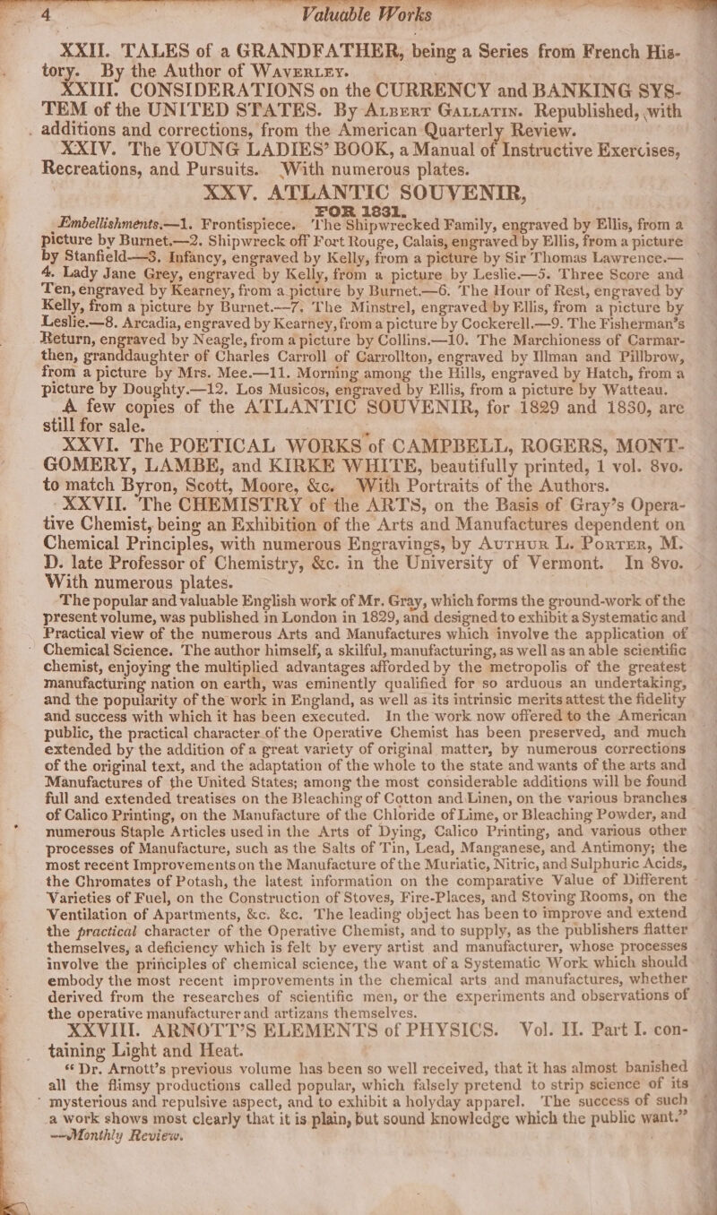 XXII. TALES of a GRANDFATHER, being a Series from French His- tory. By the Author of Waver ey. XXIII. CONSIDERATIONS on the CURRENCY and BANKING SY§- TEM of the UNITED STATES. By Atzerr Gatratin. Republished, with . additions and corrections, from the American Quarterly Review. XXIV. The YOUNG LADIES’ BOOK, a Manual of Instructive Exercises, Recreations, and Pursuits. ‘With numerous plates. | AXXV,. ATLANTIC SOUVENIR, 4 : ie FOR 1331. : 4 | _Embellishments:—1. Frontispiece. ‘the Shipwrecked Family, engraved by Ellis, from a picture by Burnet.—2. Shipwreck off Fort Rouge, Calais, engraved by Ellis, froma picture by Stanfield —3, Infancy, engraved by Kelly, from a picture by Sir Thomas Lawrence.— ° 4, Lady Jane Grey, engraved by Kelly, from a picture by Leslie.—5. Three Score and Ten, engraved by Kearney, from a picture by Burnet.—6. The Hour of Rest, engraved by Kelly, from a picture by Burnet.—7. The Minstrel, engraved by Ellis, from a picture by Leslie.—8. Arcadia, engraved by Kearney, froma picture by Cockerell.—9. The Fisherman’s Return, engraved by Neagle, from a picture by Collins.—10. The Marchioness of Carmar- then, granddaughter of Charles Carroll of Carrollton, engraved by Ulman and Pillbrow, from a picture by Mrs. Mee.—11. Morning among the Hills, engraved by Hatch, froma picture by Doughty.—12. Los Musicos, engraved by Ellis, from a picture by Watteau. A few copies of the ATLANTIC SOUVENIR, for 1829 and 1830, are still for sale. | XXVI. The POETICAL WORKS of CAMPBELL, ROGERS, MONT- GOMERY, LAMBE, and KIRKE WHITE, beautifully printed, 1 vol. 8vo. to match Byron, Scott, Moore, &amp;c. With Portraits of the Authors. - XXVIT. The CHEMISTRY of the ARTS, on the Basis of Gray’s Opera- tive Chemist, being an Exhibition of the Arts and Manufactures dependent on Chemical Principles, with numerous Engravings, by Auruur L. Porrer, M. D. late Professor of Chemistry, &amp;c. in the University of Vermont. In 8vo. With numerous plates. The popular and valuable English work of Mr. Gray, which forms the ground-work of the present volume, was published in London in 1829, and designed to exhibit a Systematic and Practical view of the numerous Arts and Manufactures which involve the application of ~ Chemical Science. The author himself, a skilful, manufacturing, as well as an able scientific chemist, enjoying the multiplied advantages afforded by the metropolis of the greatest manufacturing nation on earth, was eminently qualified for so arduous an undertaking, and the popularity of the work in England, as well as its intrinsic merits attest the fidelity and success with which it has been executed. In the work now offered to the American public, the practical character_of the Operative Chemist has been preserved, and much extended by the addition of a great variety of original matter, by numerous corrections of the original text, and the adaptation of the whole to the state and wants of the arts and Manufactures of the United States; among the most considerable additions will be found full and extended treatises on the Bleaching of Cotton and.Linen, on the various branches of Calico Printing, on the Manufacture of the Chloride of Lime, or Bleaching Powder, and © numerous Staple Articles used in the Arts of Dying, Calico Printing, and various other processes of Manufacture, such as the Salts of Tin, Lead, Manganese, and Antimony; the most recent Improvements on the Manufacture of the Muriatic, Nitric, and Sulphuric Acids, the Chromates of Potash, the latest information on the comparative Value of Different - Varieties of Fuel, on the Construction of Stoves, Fire-Places, and Stoving Rooms, on the | Ventilation of Apartments, &amp;c. &amp;c. The leading object has been to improve and extend =~ the practical character of the Operative Chemist, and to supply, as the publishers flatter themselves, a deficiency which is felt by every artist and manufacturer, whose processes — involve the principles of chemical science, the want of a Systematic Work which should embody the most recent improvements in the chemical arts and manufactures, whether | . derived from the researches of scientific men, or the experiments and observations of the operative manufacturer and artizans themselves. | XXVIII. ARNOTT’S ELEMENTS of PHYSICS. Vol. II. Part I. con- taining Light and Heat. 3 Dr. Arnott’s previous volume has been so well received, that it has almost banished all the flimsy productions called popular, which falsely pretend to strip science of its ‘ mysterious and repulsive aspect, and to exhibit a holyday apparel. The success of such ~ a work shows most clearly that it is plain, but sound knowledge which the public want.” —-Monthiy Review.