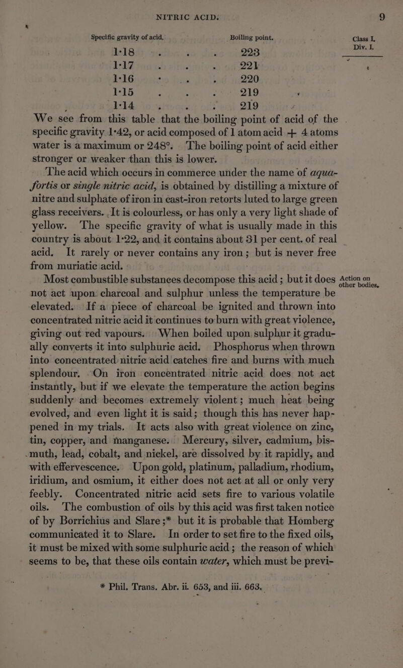 Specific gravity of acid. Boiling point. Class I, 1:18 : ‘ : 223 a LAG fone ltvcniyss of 22K Cm BstGioosio bus bsised n20 7 1°15 : : oie ake ; ’ 1-14 ; ; v». Q19 We see from this table that the boiling point of acid of the . specific gravity 1-42, or acid composed of 1 atomacid + 4 atoms water is amaximum or 248°. The boiling point of acid either stronger or weaker than this is lower. The acid which occurs in commerce under the name of aqua- Jortis or single nitrie acid, is obtained by distilling a mixture of nitre and sulphate of iron in cast-iron retorts luted to large green glass receivers. .It is colourless, or has only a very light shade of yellow. ‘The specific gravity of what is usually made in this country is about 1-22, and it contains about 31 per cent. of real acid. It rarely or never contains any iron; but is never free from muriatic acid. Most combustible substances decompose this acid ; but it does Action on not act upon: charcoal and sulphur unless the temperature be elevated. Ifa‘ piece of charcoal be ignited and thrown into concentrated nitric acid it continues toburn with great violence, giving out red vapours. When boiled upon. sulphur it gradu- ally converts it into sulphuric acid. Phosphorus when thrown into concentrated nitric acid catches fire and burns with much splendour. On iron concentrated nitric acid does not act instantly, but if we elevate the temperature the action begins suddenly and becomes extremely violent; much heat being evolved, and even light it is said; though this has never hap- pened in my trials. It acts also with great violence on zine, tin, copper, and manganese. Mercury, silver, cadmium, bis- -muth, lead, cobalt, and nickel, are dissolved by it rapidly, and with effervescence. Upon gold, platinum, palladium, rhodium, iridium, and osmium, it either does not act at all or only very feebly. Concentrated nitric acid sets fire to various volatile oils. ‘The combustion of oils by this acid was first taken notice of by Borrichius and Slare ;* but it is probable that Homberg communicated it to Slare. In order to set fire to the fixed oils, it must be mixed with some sulphuric acid; the reason of which seems to be, that these oils contain water, which must be previ-