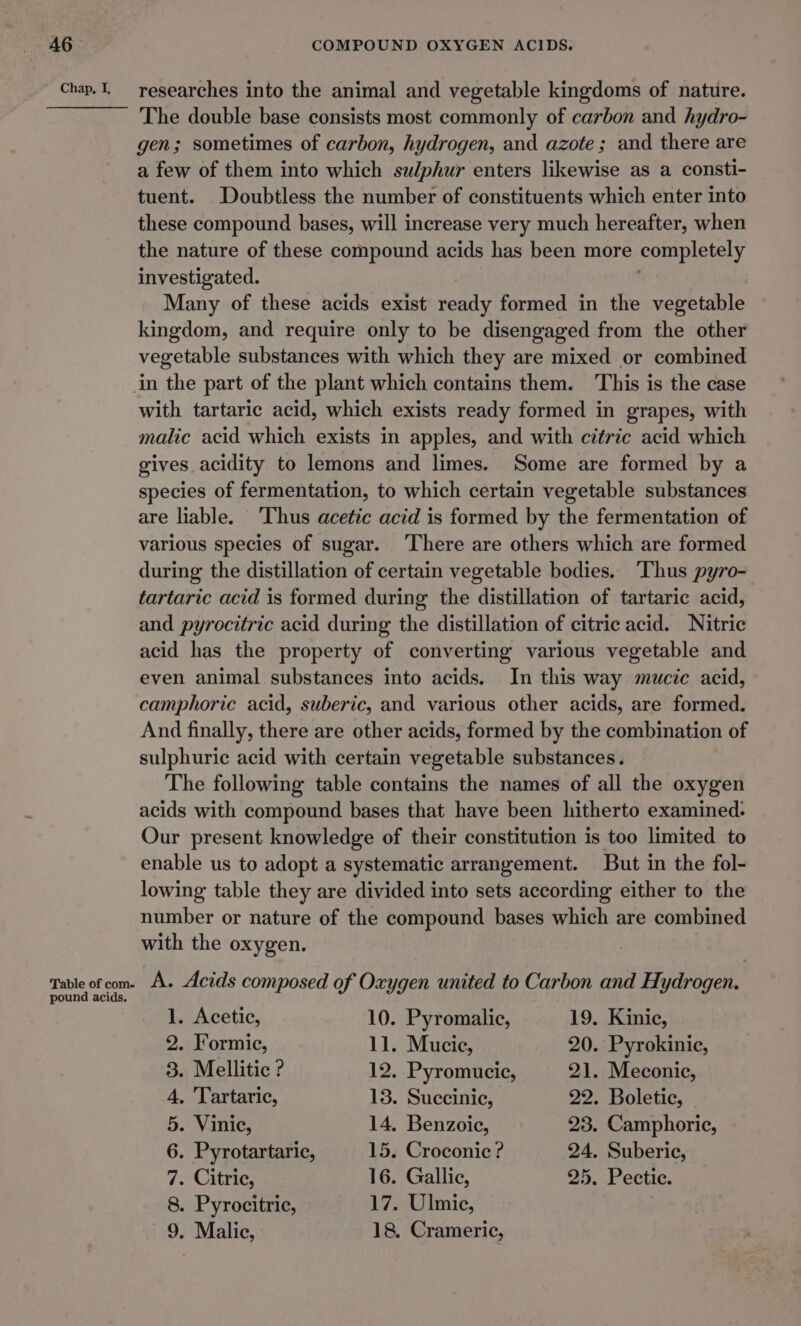 Chap, I, researches into the animal and vegetable kingdoms of nature. The double base consists most commonly of carbon and hydro- gen; sometimes of carbon, hydrogen, and azote; and there are a few of them into which sulphur enters likewise as a consti- tuent. Doubtless the number of constituents which enter into these compound bases, will increase very much hereafter, when the nature of these compound acids has been more completely investigated. Many of these acids exist ready formed in the vegetable kingdom, and require only to be disengaged from the other vegetable substances with which they are mixed or combined in the part of the plant which contains them. This is the case with tartaric acid, which exists ready formed in grapes, with malic acid which exists in apples, and with citric acid which gives acidity to lemons and limes. Some are formed by a species of fermentation, to which certain vegetable substances are liable. ‘Thus acetic acid is formed by the fermentation of various species of sugar. ‘There are others which are formed during the distillation of certain vegetable bodies. ‘Thus pyro- tartaric acid is formed during the distillation of tartaric acid, and pyrocitric acid during the distillation of citric acid. Nitric acid has the property of converting various vegetable and even animal substances into acids. In this way mucic acid, camphoric acid, suberic, and various other acids, are formed. And finally, there are other acids, formed by the combination of sulphuric acid with certain vegetable substances. The following table contains the names of all the oxygen acids with compound bases that have been hitherto examined. Our present knowledge of their constitution is too limited to enable us to adopt a systematic arrangement. But in the fol- lowing table they are divided into sets according either to the number or nature of the compound bases which are combined with the oxygen. pound acids. 1. Acetic, 10. Pyromalic, 19. Kinic, 2. Formic, 11. Mucie, 20. Pyrokinic, 3. Mellitic ? 12. Pyromucic, 21. Meconic, 4. Tartaric, 13. Succiniec, 22. Boletic, 5. Vinic, 14. Benzoic, 23. Camphoric, 6. Pyrotartaric, 15. Croconic ? 24. Suberic, 7. Citric, 16. Gallic, 25. Pectic. 8. Pyrocitric, 17. Ulmic, 9. Malic, 18. Crameric,