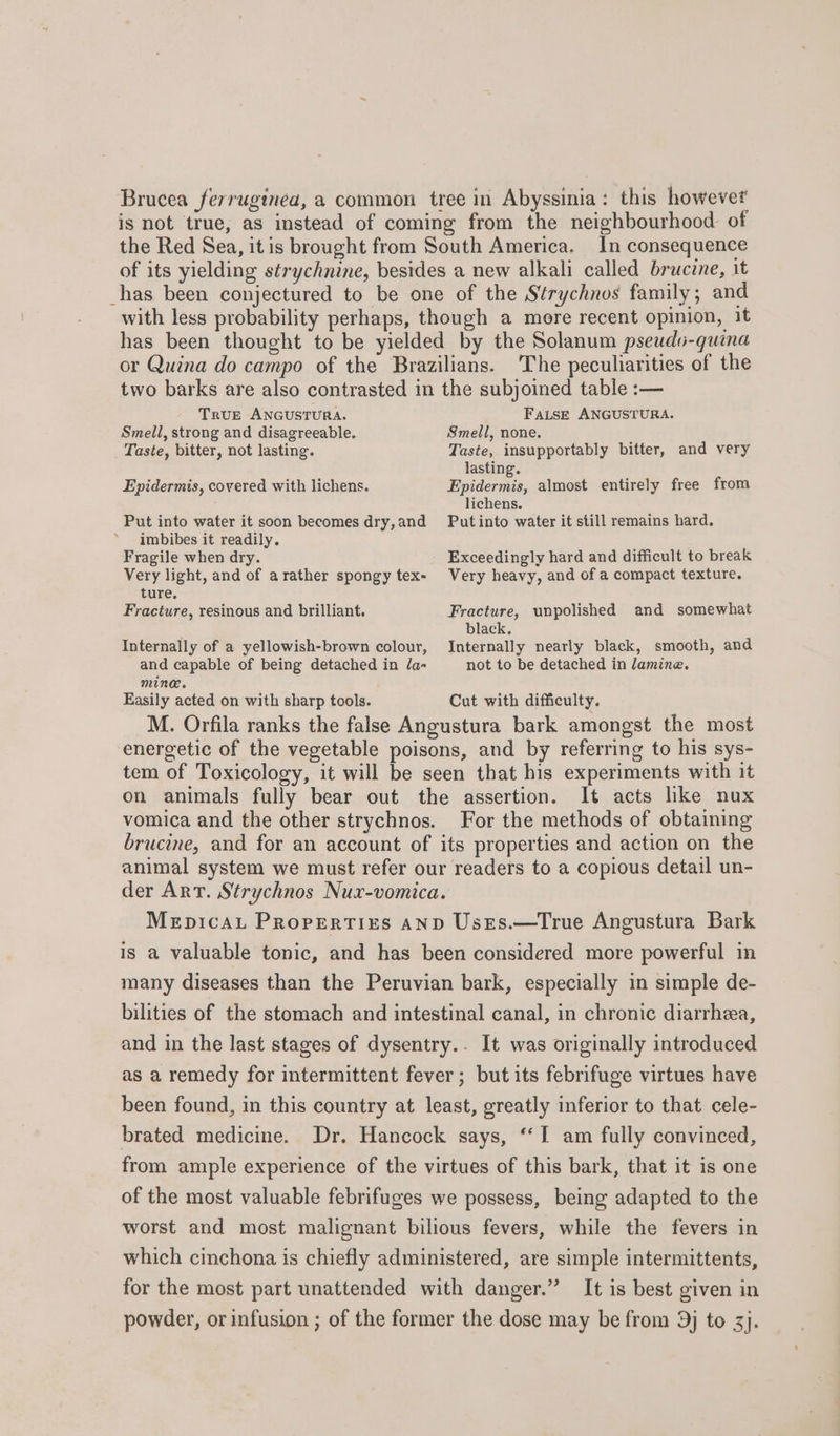 Brucea ferruginea, a common tree in Abyssinia: this however is not true, as instead of coming from the neighbourhood of the Red Sea, itis brought from South America. In consequence of its yielding strychnine, besides a new alkali called bruczne, it has been conjectured to be one of the Sérychnos family; and with less probability perhaps, though a more recent opinion, it has been thought to be yielded by the Solanum pseuds-quina The peculiarities of the TRUE ANGUSTURA. Smell, strong and disagreeable. Taste, bitter, not lasting. Epidermis, covered with lichens. Put into water it soon becomes dry, and imbibes it readily. Fragile when dry. Very light, and of arather spongy tex- ture, Fracture, resinous and brilliant. Internally of a yellowish-brown colour, and capable of being detached in da- Mine. Easily acted on with sharp tools. FauLsE ANGUSTURA. Smell, none. Taste, insupportably bitter, and very lasting. Epidermis, almost entirely free from lichens. Put into water it still remains hard. Exceedingly hard and difficult to break Very heavy, and of a compact texture. Fracture, unpolished and somewhat black. Internally nearly black, smooth, and not to be detached in lamine. Cut with difficulty. M. Orfila ranks the false Angustura bark amongst the most energetic of the vegetable poisons, and by referring to his sys- tem of Toxicology, it will be seen that his experiments with it on animals fully bear out the assertion. It acts like nux vomica and the other strychnos. For the methods of obtaining brucine, and for an account of its properties and action on the animal system we must refer our readers to a copious detail un- der Art. Strychnos Nux-vomica. Mepicau Prorertizs anp Uses.—True Angustura Bark is a valuable tonic, and has been considered more powerful in many diseases than the Peruvian bark, especially in simple de- bilities of the stomach and intestinal canal, in chronic diarrhea, and in the last stages of dysentry.. It was originally introduced as a remedy for intermittent fever; but its febrifuge virtues have been found, in this country at least, greatly inferior to that cele- brated medicine. Dr. Hancock says, “‘I am fully convinced, from ample experience of the virtues of this bark, that it is one of the most valuable febrifuges we possess, being adapted to the worst and most malignant bilious fevers, while the fevers in which cinchona is chiefly administered, are simple intermittents, for the most part unattended with danger.” It is best given in powder, or infusion ; of the former the dose may be from 9j to 3}.