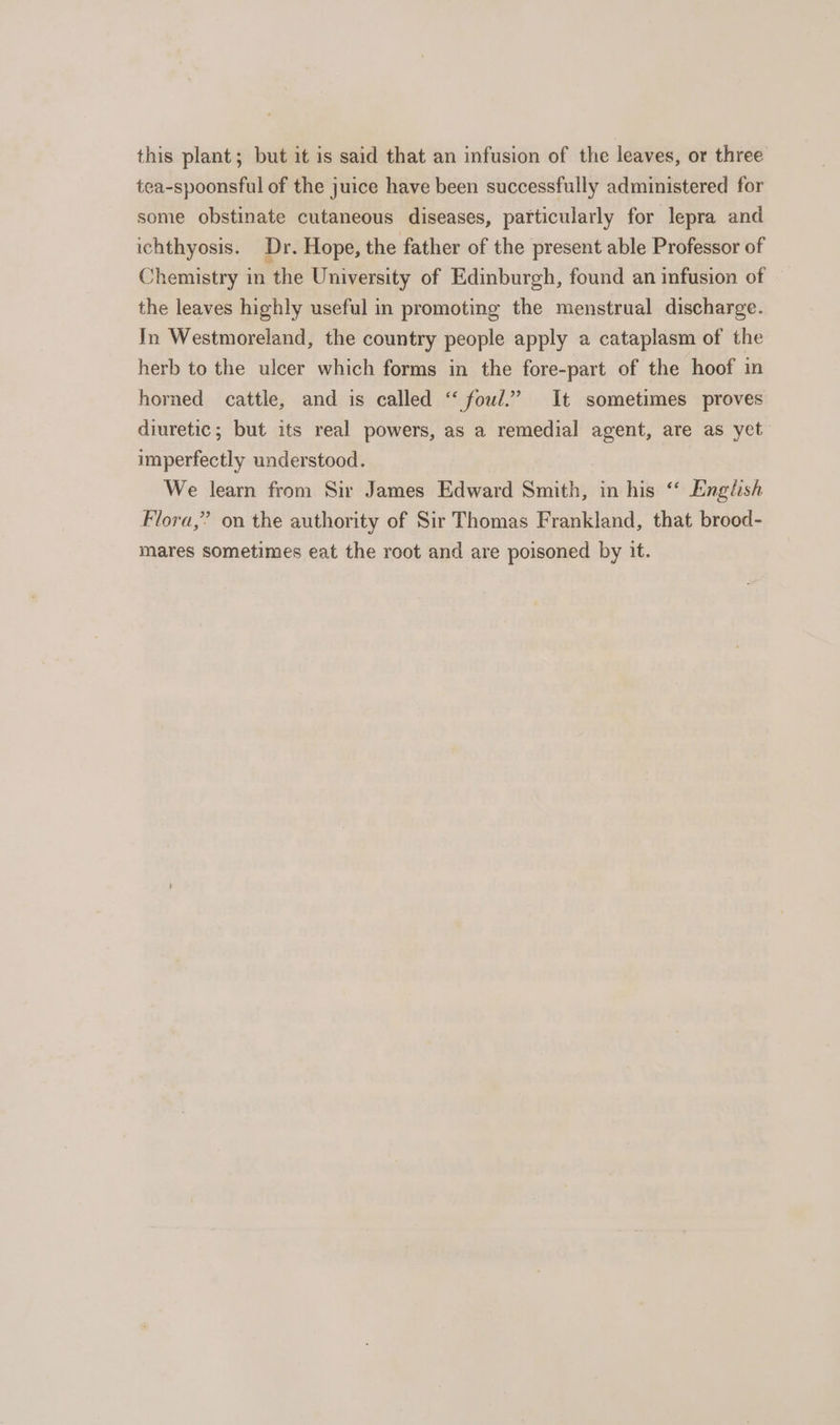 this plant; but it is said that an infusion of the leaves, or three tea-spoonsful of the juice have been successfully administered for some obstinate cutaneous diseases, particularly for lepra and ichthyosis. Dr. Hope, the father of the present able Professor of Chemistry in the University of Edinburgh, found an infusion of — the leaves highly useful in promoting the menstrual discharge. In Westmoreland, the country people apply a cataplasm of the herb to the ulcer which forms in the fore-part of the hoof in horned cattle, and is called ‘“ fowl.” It sometimes proves diuretic; but its real powers, as a remedial agent, are as yet imperfectly understood. We learn from Sir James Edward Smith, in his ‘‘ English Flora,” on the authority of Sir Thomas Frankland, that brood- mares sometimes eat the root and are poisoned by it.