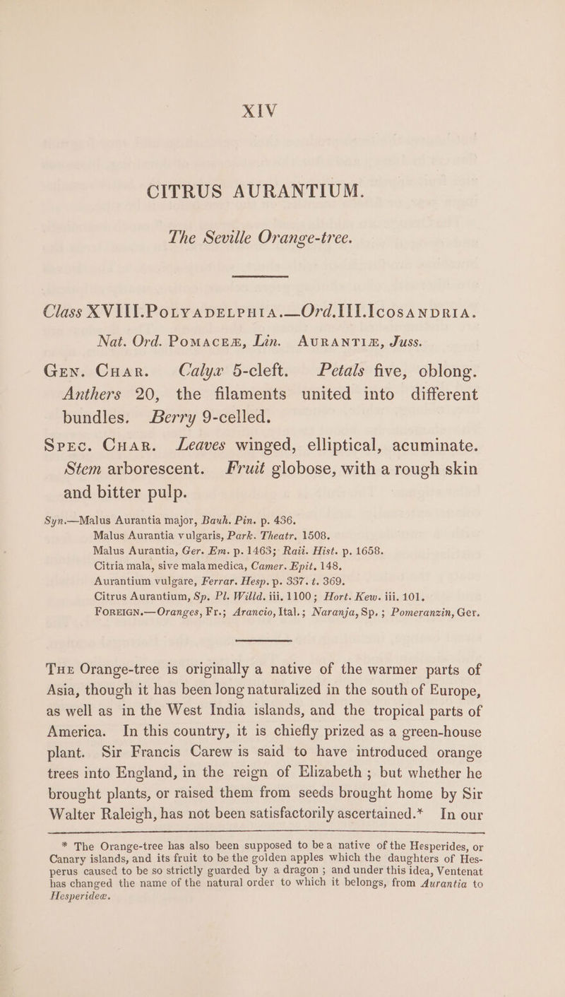 XIV CITRUS AURANTIUM. The Seville Orange-tree. Class XVIU1.Potvapeteuta.—Ord. IIl.Icosanpria. Nat. Ord. Pomaces, Lin. AURANTIZ, Juss. Gen. Cuar. Calyr 5-cleft. Petals five, oblong. Anthers 20, the filaments united into different bundles. Berry 9-celled. Spec. Cuar. Leaves winged, elliptical, acuminate. Stem arborescent. Fruit globose, with a rough skin and bitter pulp. Syn.—Malus Aurantia major, Bauh. Pin. p. 436. Malus Aurantia vulgaris, Park. Theatr. 1508. Malus Aurantia, Ger. Em. p. 1463; Raii. Hist. p. 1658. Citria mala, sive mala medica, Camer. Epit. 148. Aurantium vulgare, Ferrar. Hesp. p. 337. t. 369. Citrus Aurantium, Sp. Pl. Willd. iii. 1100; Hort. Kew. iii. 101. FOREIGN.— Oranges, Fr.; Arancio, Ital.; Naranja,Sp.; Pomeranzin, Ger. Tuer Orange-tree is originally a native of the warmer parts of Asia, though it has been Jong naturalized in the south of Europe, as well as in the West India islands, and the tropical parts of America. In this country, it is chiefly prized as a green-house plant. Sir Francis Carew is said to have introduced orange trees into England, in the reign of Elizabeth ; but whether he brought plants, or raised them from seeds brought home by Sir Walter Raleigh, has not been satisfactorily ascertained.* In our * The Orange-tree has also been supposed to bea native of the Hesperides, or Canary islands, and its fruit to be the golden apples which the daughters of Hes- perus caused to be so strictly guarded by a dragon ; and under this idea, Ventenat has changed the name of the natural order to which it belongs, from Aurantia to Hesperidee.