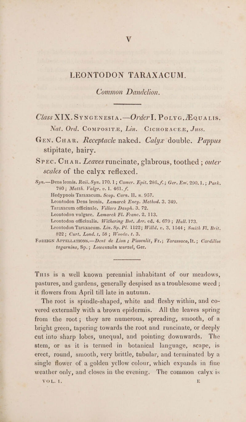 LEONTODON TARAXACUM. Common Dandelion. Class XIX.SyYNGENESItA.—Orderl. Potyc. A.QuALIS. Nat. Ord. Comrositam, Lin. Cicuoracem, Juss. Gen. Coar. Receptacle naked. Calyx double. Pappus stipitate, hairy. Spec. Cuar. Leaves runcinate, glabrous, toothed ; outer scales of the calyx reflexed. Syn.—Dens leonis. Rati. Syn. 170.1; Camer. Epit. 286.f.; Ger. Em. 290.1.; Park. 780; Matth. Valgr. v. 1. 461. f. Hedypnois Taraxacum. Scop. Carn. Il. ». 957. Leontodon Dens leonis. Lamarck Ency. Method. 3. 349. Taraxacum officinale. Villars Dauph. 3. 72. Leontodon vulgare. Lamarck Fl. Franc. 2. 113. Leontodon officinalis. Withering Bot. Arr. ed. 4.679; Hull.173. Leontodon Taraxacum. Lin. Sp. Pl. 1122; Willd. v. 3. 1544; Smith Fl. Brit. 822; Curt. Lond. t. 58; Woodv. t. 3. FoREIGN APPELLATIONS.—Dent de Lion ; Pissenlit, Fr.; Tarassaco,It.; Cardillos tagarnina, Sp.; Lowenzahn wurzel, Ger. Tuis is a well known perennial inhabitant of our meadows, pastures, and gardens, generally despised as a troublesome weed ; it flowers from April till late in autumn. The root is spindle-shaped, white and fleshy within, and co- vered externally with a brown epidermis. All the leaves spring from the root; they are numerous, spreading, smooth, of a bright green, tapering towards the root and runcinate, or deeply cut into sharp lobes, unequal, and pointing downwards. The stem, or as it is termed in botanical language, scape, is erect, round, smooth, very brittle, tubular, and terminated by a single flower of a golden yellow colour, which expands in fine weather only, and closes in the evening. The common calyx is VOL... E