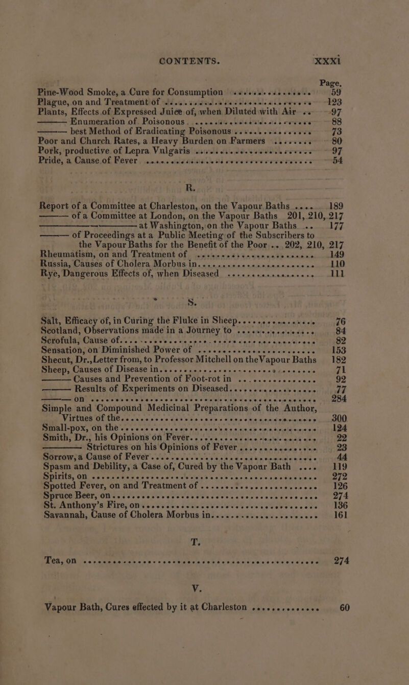 Pine-Wood Smoke, a Cure for Consumption «s+ssescecesevnve Plague, on and Treatment of. .0. cede cases eccceccceeuve se Plants, Effects of Expressed Juice of, when Diluted with Air «. Enumeration of. Poisonous . , 2004 slats ¢ wbladilee ste s reese se — best Method of Eradicating Poisonous .......cscsesece Poor and Church Rates, a Heavy Burden on Farmers ....... : Pork, productive of Lepra Vulgaris wise ccrecocvessesercvers Pride, a Cause.of Fever .... | R. Report of a Committee at Charleston, on the Vapour Baths 189 —_—_———_—————- at Washington, on the Vapour Baths ... ——— of Proceedings at a Public Meeting of the Subscribers to 177 Rheumatism, on and Treatment of ....ccedsscccscscseccecve Russia, Causes of Cholera Morbus.in.......eee+eseeercees pe Rye, Dangerous Effects of, when Diseased ... @eo@e@ eee eoeeseseense ve Ss. Salt, Efficacy of, in Curing the Fluke in Sheep.......esesaseee Scotland, Observations made in a Journey to ....sesecceecers EMTUIAM CC AUSS Gls. oes. hh es oo He op obs # rc Sarit see Gnentowen Sensation, on Diminished Power of .......cccccsecccccccece Shecut, Dr., Letter from, to Professor Mitchell on the Vapour Baths Sheep, Causes of Disease in.......2.-.0: Disses sl ain oan NS OE — Causes and Prevention of Foot-rot i Results of Experiments on Diseased. ......c.ceecccece — ON eeseov eevee enogeoes eevee eeee Geer ere see ee ese eoeae enone Simple and Compound Medicinal Preparations of the Author, VAPOR OL EME ais 0a enn coe LAV NGS = a. $'0.s «ive Bie wraolnommecis > Small-pox, On the’... ccccecesevereccceseccrcsecevsvcicceces Smith, Dr., his Opinions on Fever. . .... 4.0 .0ccee ceviescece ove Strictures on his Opinions of Fever ......-ccesessee marrawsavodse Of Hever’. {o's seas oso b 65.8 nls 0.4 Be crereidagsed « Spasm and Debility, a Case of, Cured by the Vapour Bath .... Spirits, ON .c.ccccsvecccevescceccrscccscecscccccsesscerces Spotted Fever, on and Treatment of .......cec.cccccrerccecs pruce Beer, ON. se cose cercccvecesccucccercccvscccccces Bee Athany sR irep onde. Secs s Sales eV Seles sielseeewee svete Savannah, Cause of Cholera Morbus in......-..cccsccecccece —— T. Tea, on e@@eseeaeoesepeoeseeneBveeeaeeeweveeceeevoeeoneoesenvnenv ener eos eave V. Vapour Bath, Cures effected by it at Charleston .....e,ececeee 149 110 Li 274 60