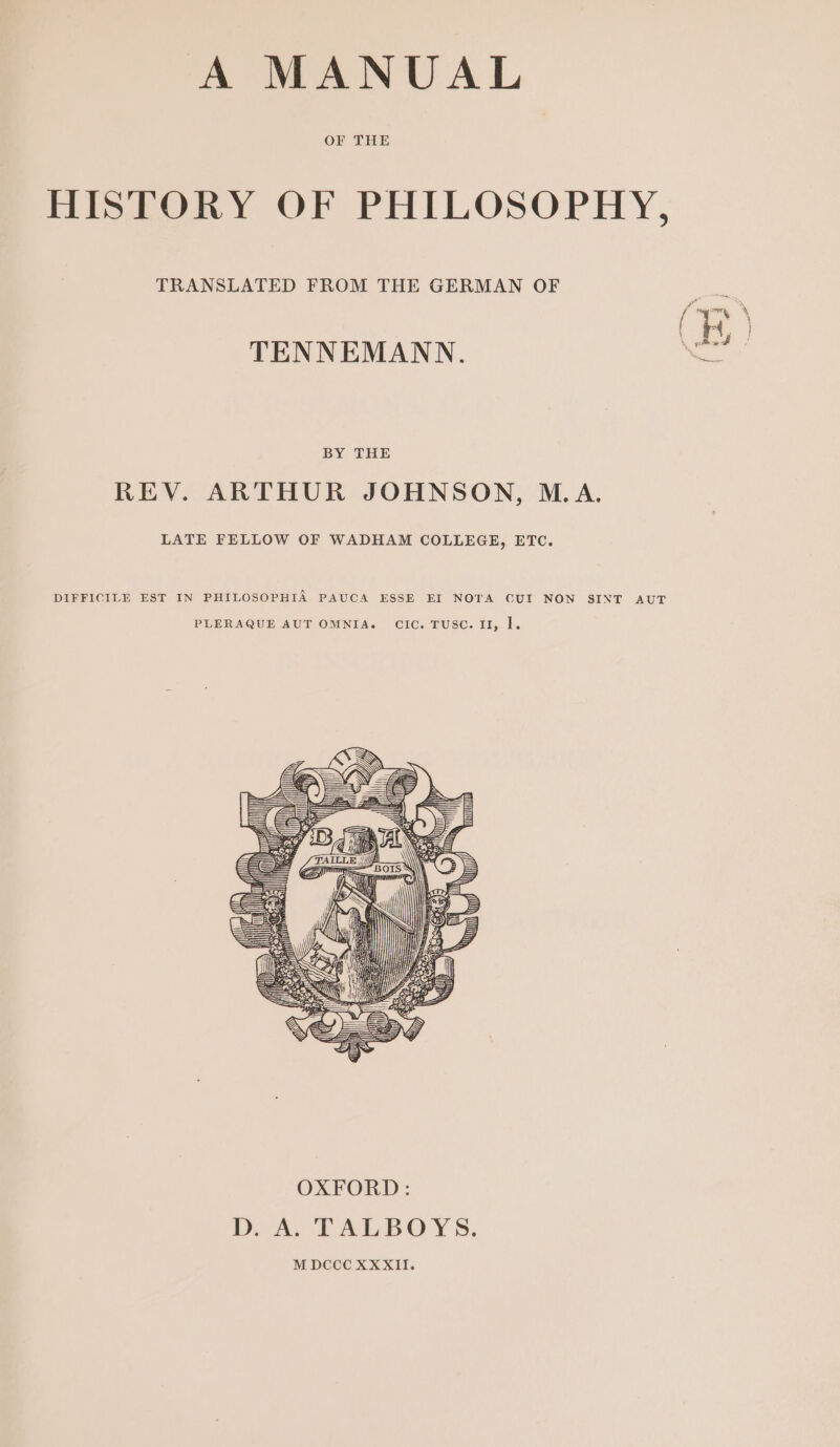 A MANUAL HISTORY OF PHILOSOPHY, TRANSLATED FROM THE GERMAN OF TENNEMANN. BY THE REV. ARTHUR JOHNSON, M.A. LATE FELLOW OF WADHAM COLLEGE, ETC. DIFFICILE EST IN PHILOSOPHIA PAUCA ESSE EI NOTA CUI NON SINT AUT PLERAQUE AUT OMNIA. CIC. TUSC. II, k.