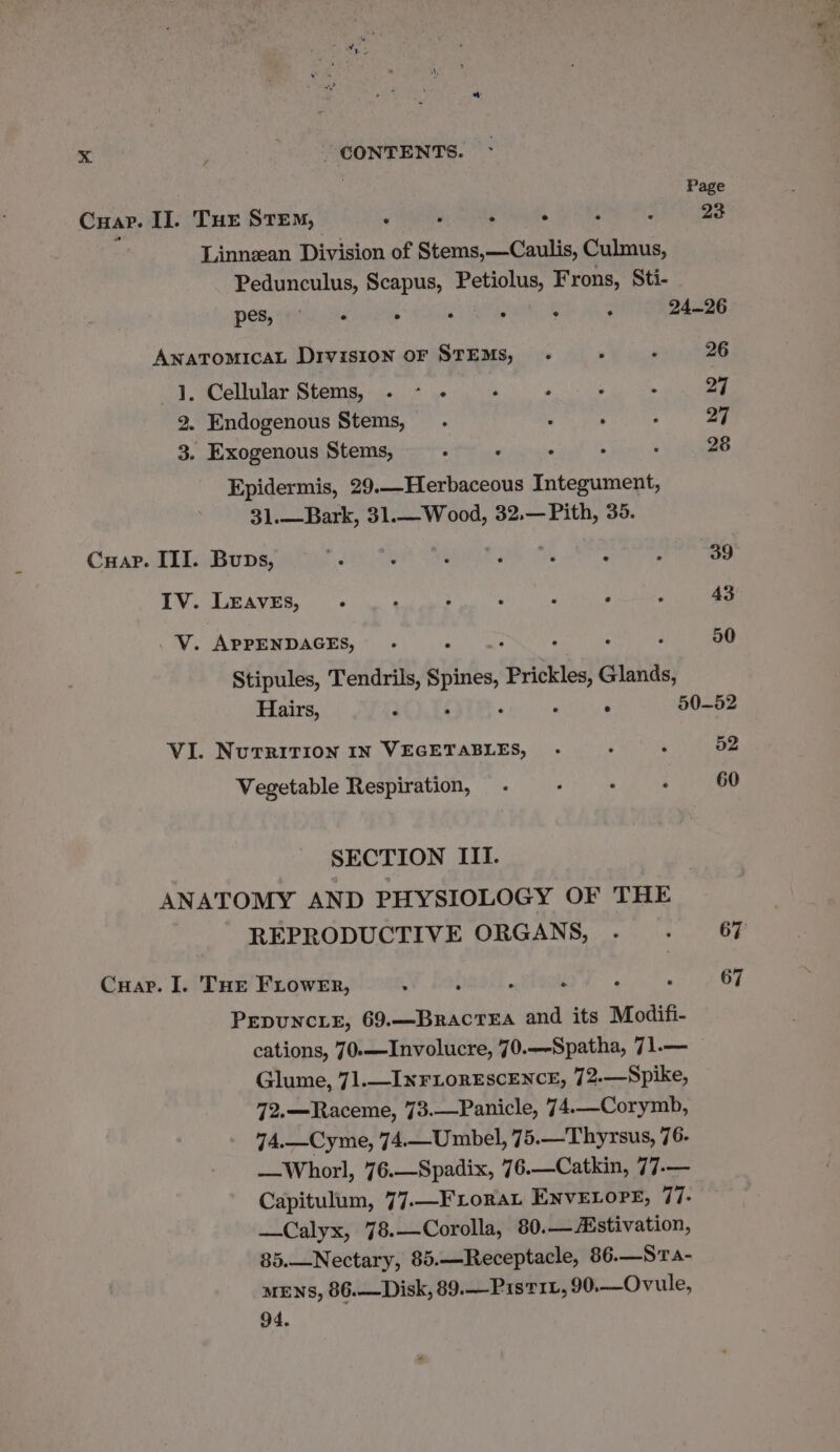 Page Cuar. Il. Tuer STEM, . . ‘ ° : 23 Linnean Division of Stems,—Caulis, Culmus, Pedunculus, Scapus, Petiolus, Frons, Sti- pes, : . : : : . 24-26 AwatomicaL Division OF STEMS, - ' ‘ 26 1. Cellular Stems, . - - ‘ , ; &lt; 27 2. Endogenous Stems, . : : : 27 3. Exogenous Stems, eo oer ee eer 28 Epidermis, 29.—Herbaceous Integument, 31.—Bark, 31.—Wood, 32.—Pith, 35. Cuap. III. Buns, : ; 39 IV. LeAvEs, . ‘ 3 , - ‘ : 43 V. APPENDAGES, - 50 Stipules, Tendrils, spies, Pls elias Hairs, ‘ . 50-52 VI. NutTRITION IN VEGETABLES, - ‘ . 52 Vegetable Respiration, .- ‘ . ‘ 60 SECTION III. ANATOMY AND PHYSIOLOGY OF THE REPRODUCTIVE ORGANS, . : 67 Cuapr. I. Toe FLower, . ; : ‘ ‘ . 67 PEDUNCLE, 69.—BracrTEA and its Modifi- cations, 70.—Involucre, 70.—Spatha, 71.— Glume, 71.—INFLoRESCENCE, 72.—Spike, 72.—Raceme, 73.—Panicle, 74.—Corymb, 74.—Cyme, 74.—Umbel, 75.—Thyrsus, 76- —Whorl, 76.—Spadix, 76.—Catkin, 77.— Capitulum, 77.—FLORAL ENVELOPE, 77- —Calyx, 78.—Corolla, 80.— #stivation, 35.—Nectary, 85.—Receptacle, 86.—S7- MENS, 86.—Disk, 89.—Pist11, 90.—Ovule, 94. pt