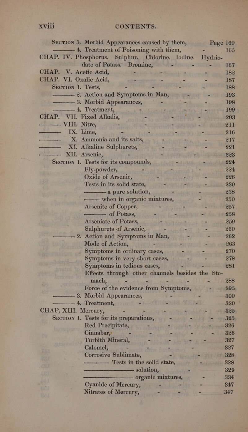 Section 3. Morbid Appearances caused by them, Page date of Potass. Bromine, - : a CHAP. V. Acetic Acid, * - . - CHAP. VI. Oxalic Acid, - 8 B hs SECTION 1. Tests, ~ = ou “ 3. Morbid Appearances, —- : —_——— 4, Treatment, - * 2 Me CHAP. VII. Fixed Alkalis, - sti ys —_—_—— VIII. Nitre, - - 9 P IX. Lime, - - ? , ‘X. Ammonia and its salts, - * ; XI. Alkaline Sulphurets, . . . ——— XII. Arsenic, - : . Section 1. Tests for its compounds, .  Fly-powder, - ‘ a Oxide of Arsenic, - fe : Tests in its solid state, - . “ a pure solution, - : when in organic mixtures, - Arsenite of Copper, . = . of Potass, - e &gt; Arseniate of Potass, — - ‘. n Sulphurets of Arsenic, - - “ —_——- 2. Action and Symptoms in Man, - 2 SECTION Mode of Action, - - . Symptoms in ordinary cases, - - Symptoms in very short cases, - . Symptoms in tedious cases, - - Effects through other channels besides the Sto- mach, - - - - - Force of the evidence from Symptoms, - 3. Morbid Appearances, : - 4. Treatment, - - - Mercury, - - - - - 1. Tests for its preparations, - - - Red Precipitate, - - - . Cinnabar,: - ~ - - - Turbith Mineral, - - - “ Calomel, - - - ~ Corrosive Sublimate, - - Tests in the solid state, - solution, - organic mixtures, - Cyanide of Mercury, &gt; - “ Nitrates of Mercury, - - - 160 165 167 182 187 188 193 198 199 203 211 216 217 221 223 224: 224 226 230 238 250 © 257 258 259 260 262 263 270 278 281 288 295 300 320 325 325 326 326 327 327 328 328 329 334 347 347