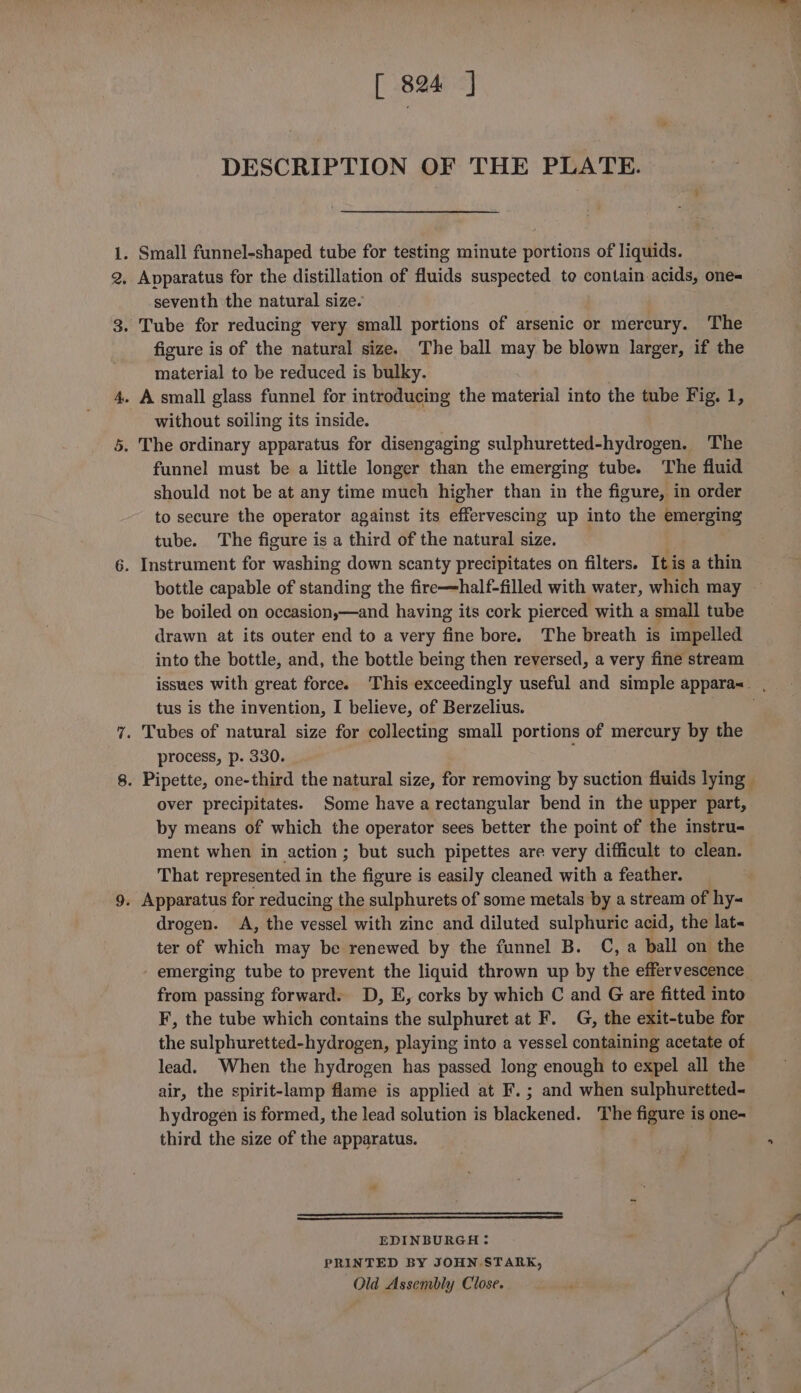 [ 824] DESCRIPTION OF THE PLATE. Apparatus for the distillation of fluids suspected to contain. acids, one= — seventh the natural size. figure is of the natural size. The ball may be blown larger, if the material to be reduced is bulky. without soiling its inside. funnel must be a little longer than the emerging tube. The fluid should not be at any time much higher than in the figure, in order to secure the operator against its effervescing up into the emerging tube. The figure is a third of the natural size. bottle capable of standing the fire—half-filled with water, which may — be boiled on occasion,—and having its cork pierced with a small tube drawn at its outer end to a very fine bore. The breath is impelled into the bottle, and, the bottle being then reversed, a very fine stream tus is the invention, I believe, of Berzelius. process, p. 330. over precipitates. Some have a rectangular bend in the upper part, by means of which the operator sees better the point of the instru- ment when in action; but such pipettes are very difficult to clean. That represented in the figure is easily cleaned with a feather. drogen. A, the vessel with zine and diluted sulphuric acid, the lat« ter of which may be renewed by the funnel B. C, a ball on the emerging tube to prevent the liquid thrown up by the effervescence. from passing forward. D, E, corks by which C and G are fitted into F, the tube which contains the sulphuret at F. G, the exit-tube for the sulphuretted-hydrogen, playing into a vessel containing acetate of lead. When the hydrogen has passed long enough to expel all the air, the spirit-lamp flame is applied at F.; and when sulphuretted- hydrogen is formed, the lead solution is blackened. The figure is one- third the size of the apparatus. wa. EDINBURGH: ; PRINTED BY JOHN STARK, / Old Assembly Close. ‘ f